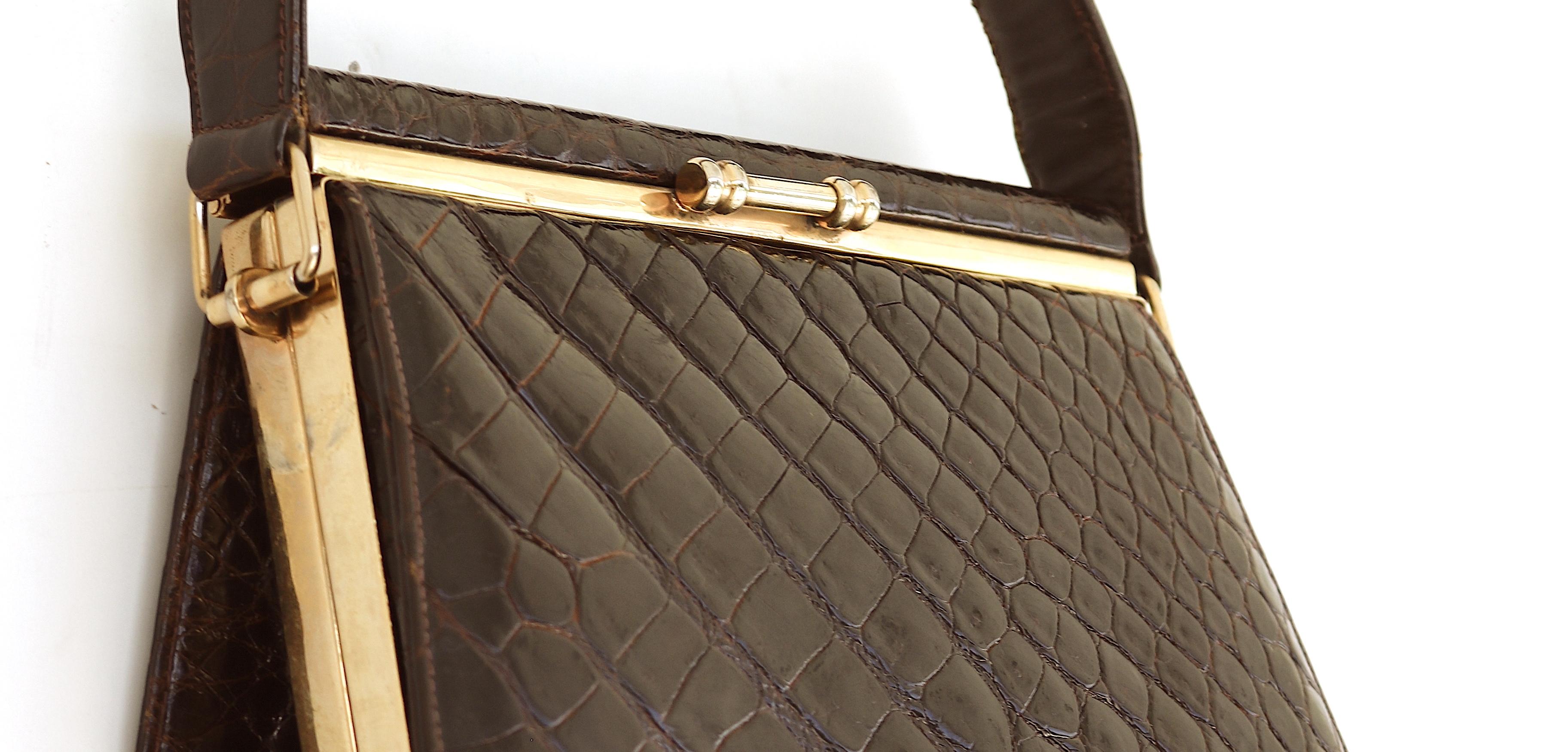 Exquisite Small Flip Top Crocodile Handbag-Gold Plated Frame For Sale 3