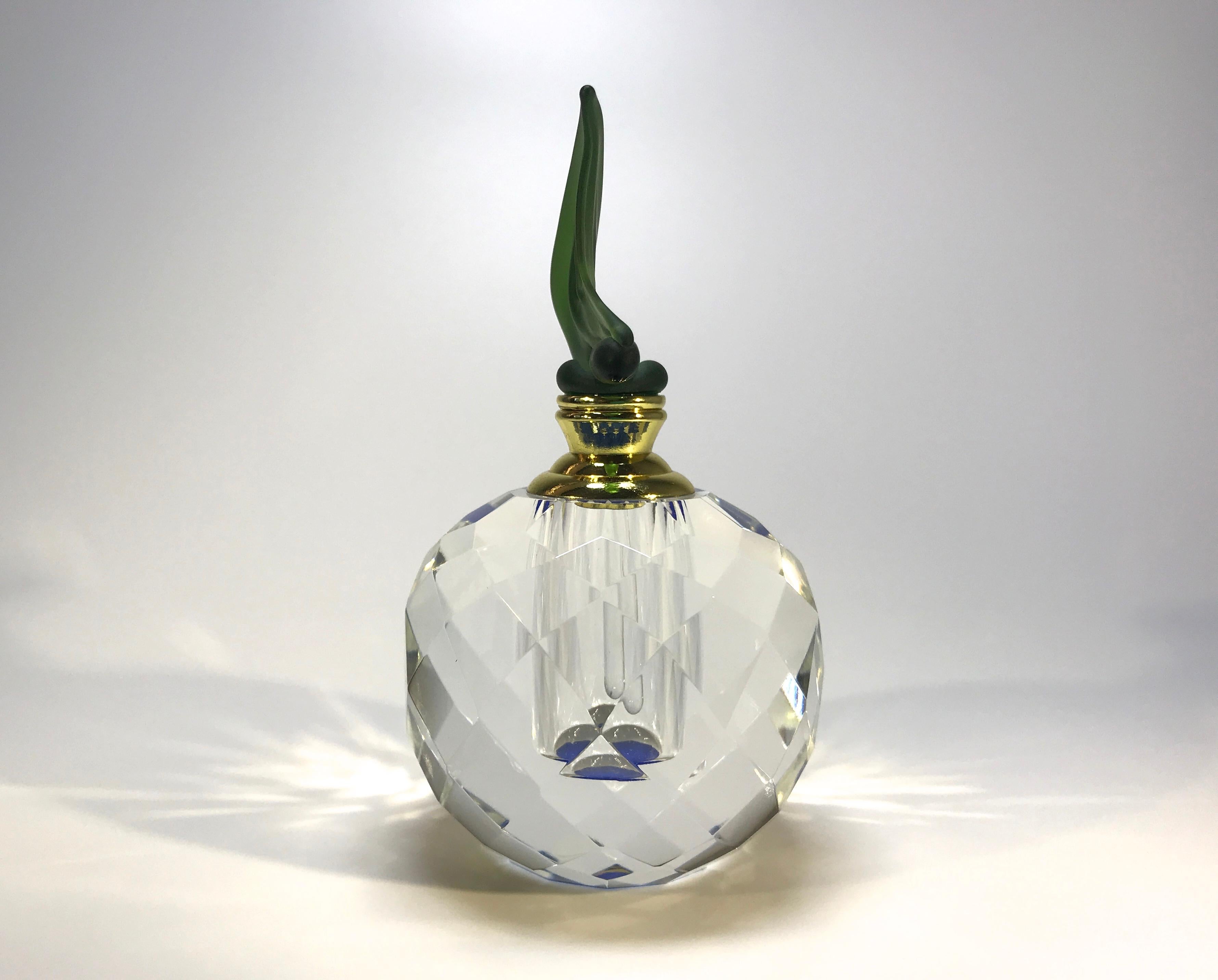 Unknown Exquisite Soft Moss Green Páte-de-Verre, Faceted Crystal Perfume Bottle