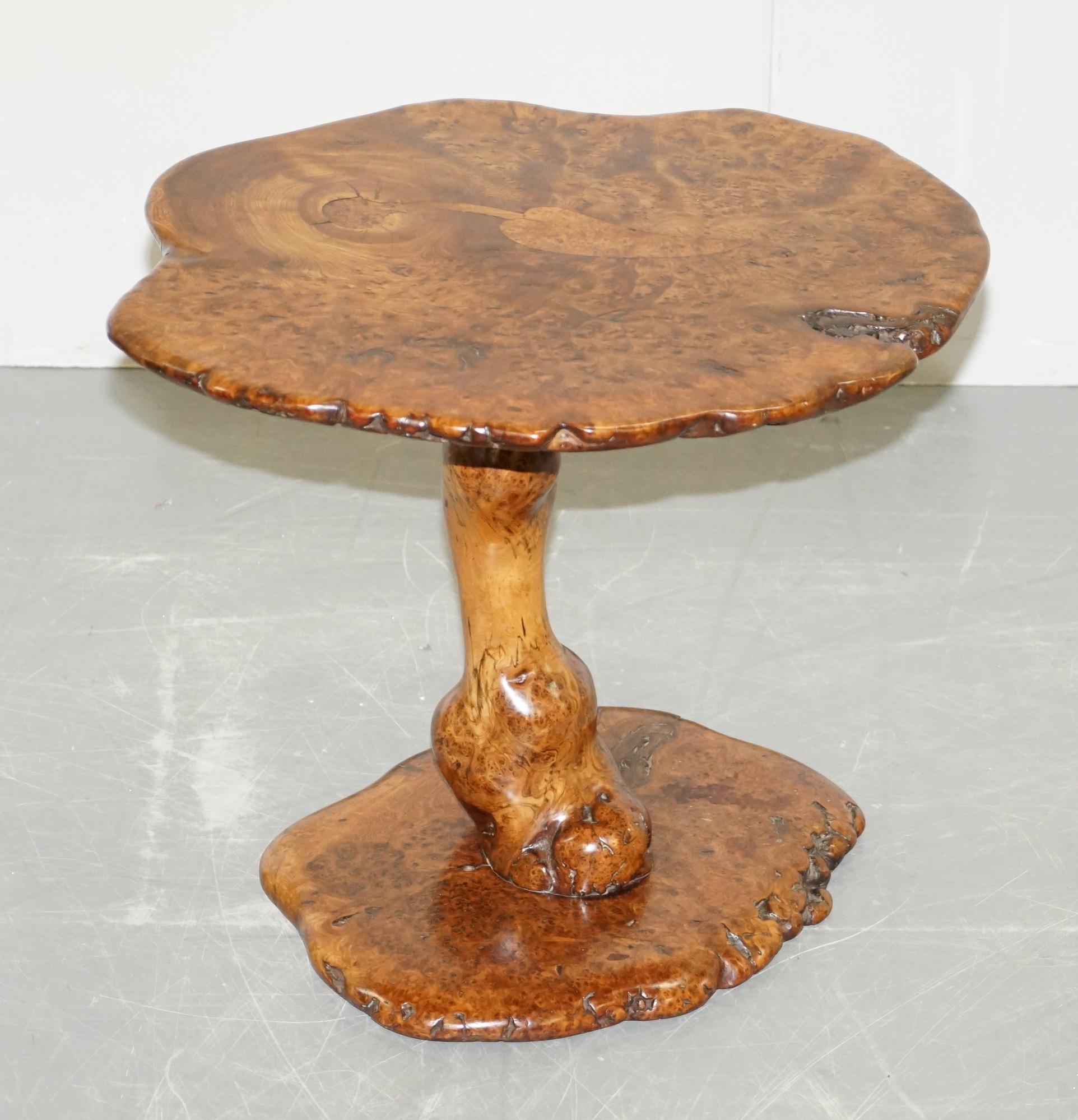 We are delighted to offer for sale this one of a kind, solid burr walnut hand crafted by nature side table with inlaid leaf top

This is the first solid burr walnut table I have ever seen, it’s using exquisite cuts of walnut, I’ve never seen them
