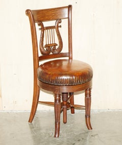 EXQUISITE SOLID HARDWOOD BROWN LEATHER ANTIQUE MUSICIANS CHAIR HEiGHT ADJUSTABLE