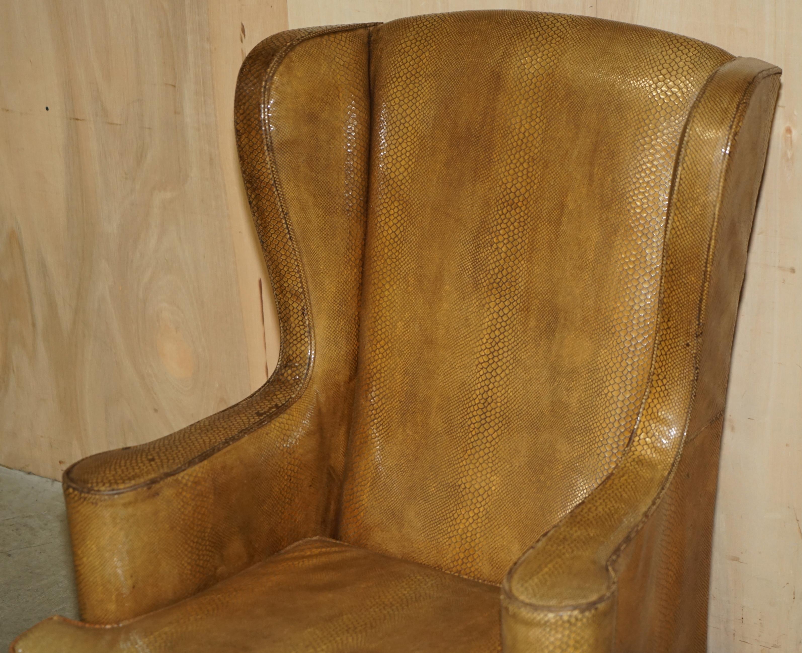 Georgian EXQUISITE SPANISH WiNGBACK ARMCHAIR WITH ALLIGATOR CROCODILE LEATHER UPHOLSTERY For Sale