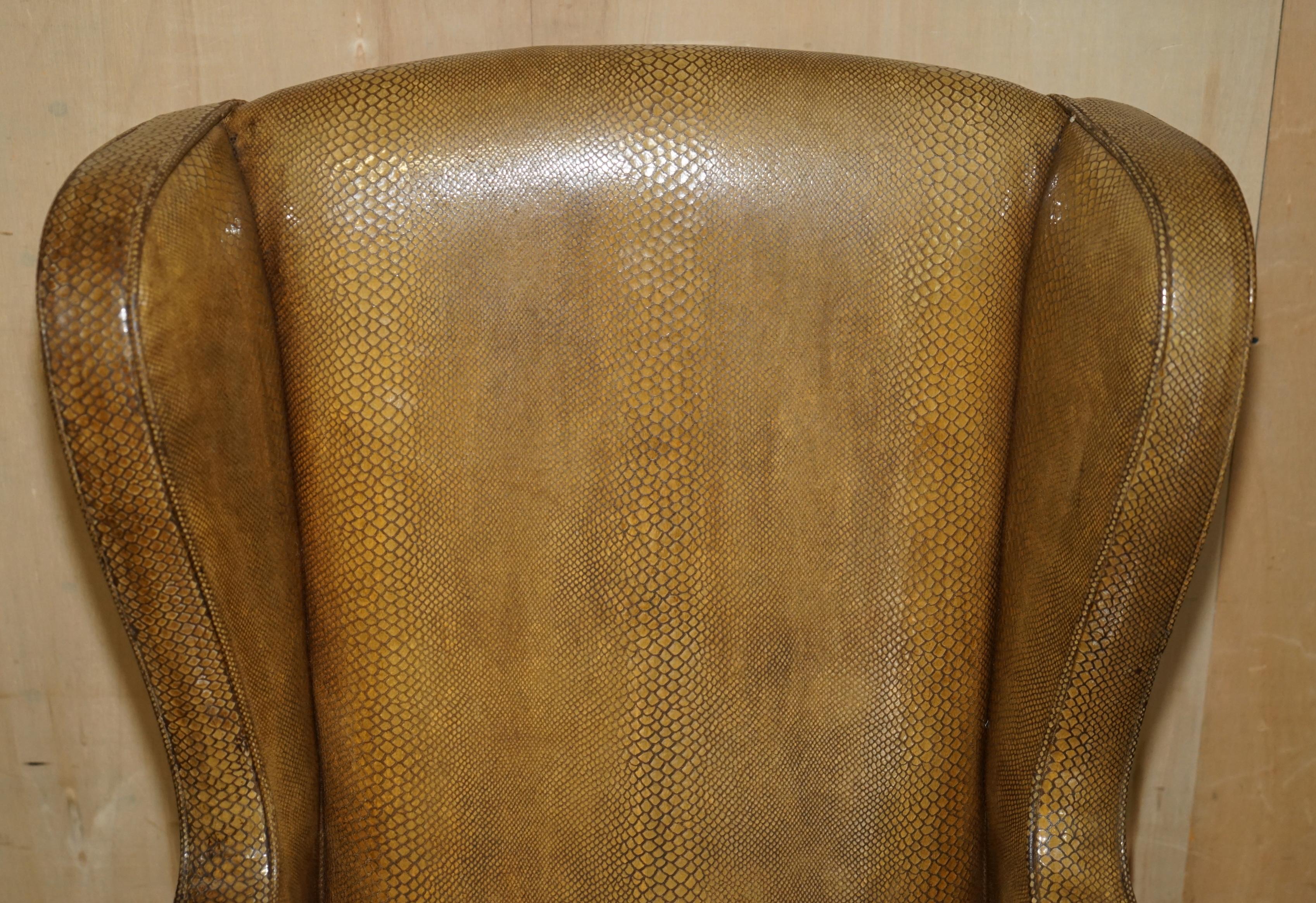 Spanish EXQUISITE SPANISH WiNGBACK ARMCHAIR WITH ALLIGATOR CROCODILE LEATHER UPHOLSTERY For Sale