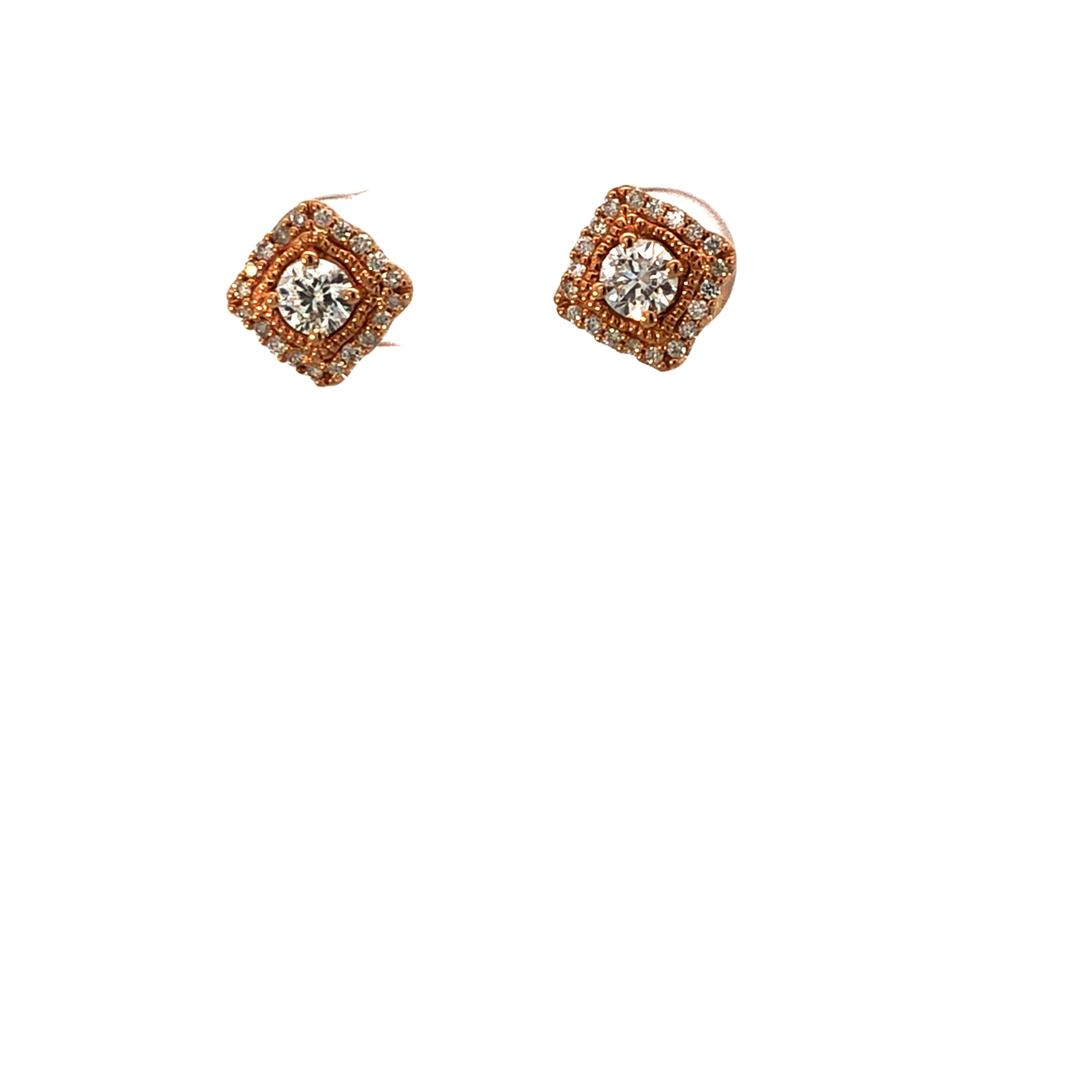 Magnifiques clous d'oreilles en or rose 10 carats avec halo carré de diamants en vente 1