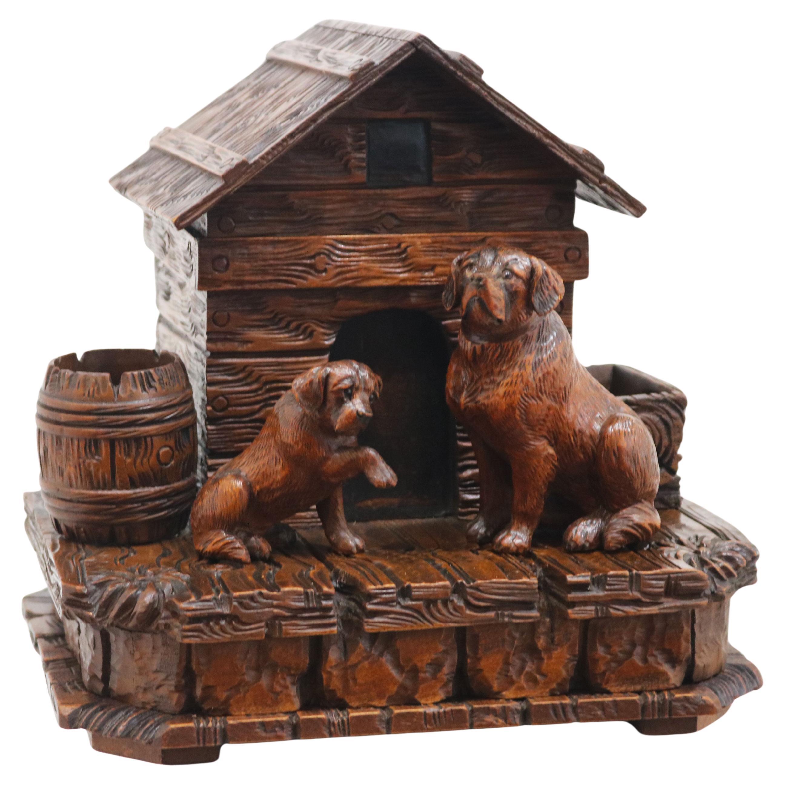 Rare Swiss Black Forest 19th century Humidor / Tobacco box Saint Bernard dogs