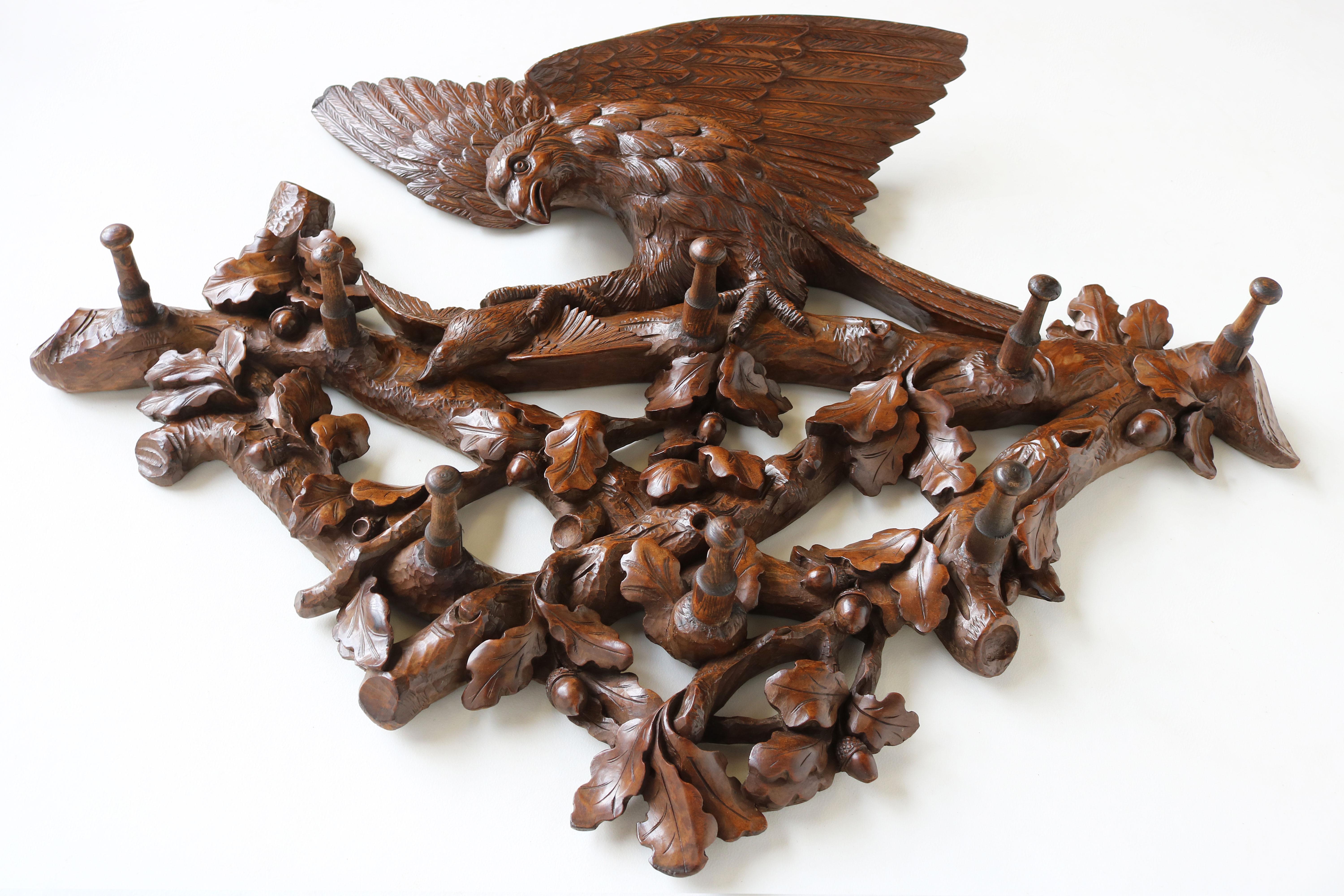 Hand-Carved Exquisite Swiss Black Forest ''Eagle'' 19th Century Coat Rack / Hat Rack Walnut For Sale