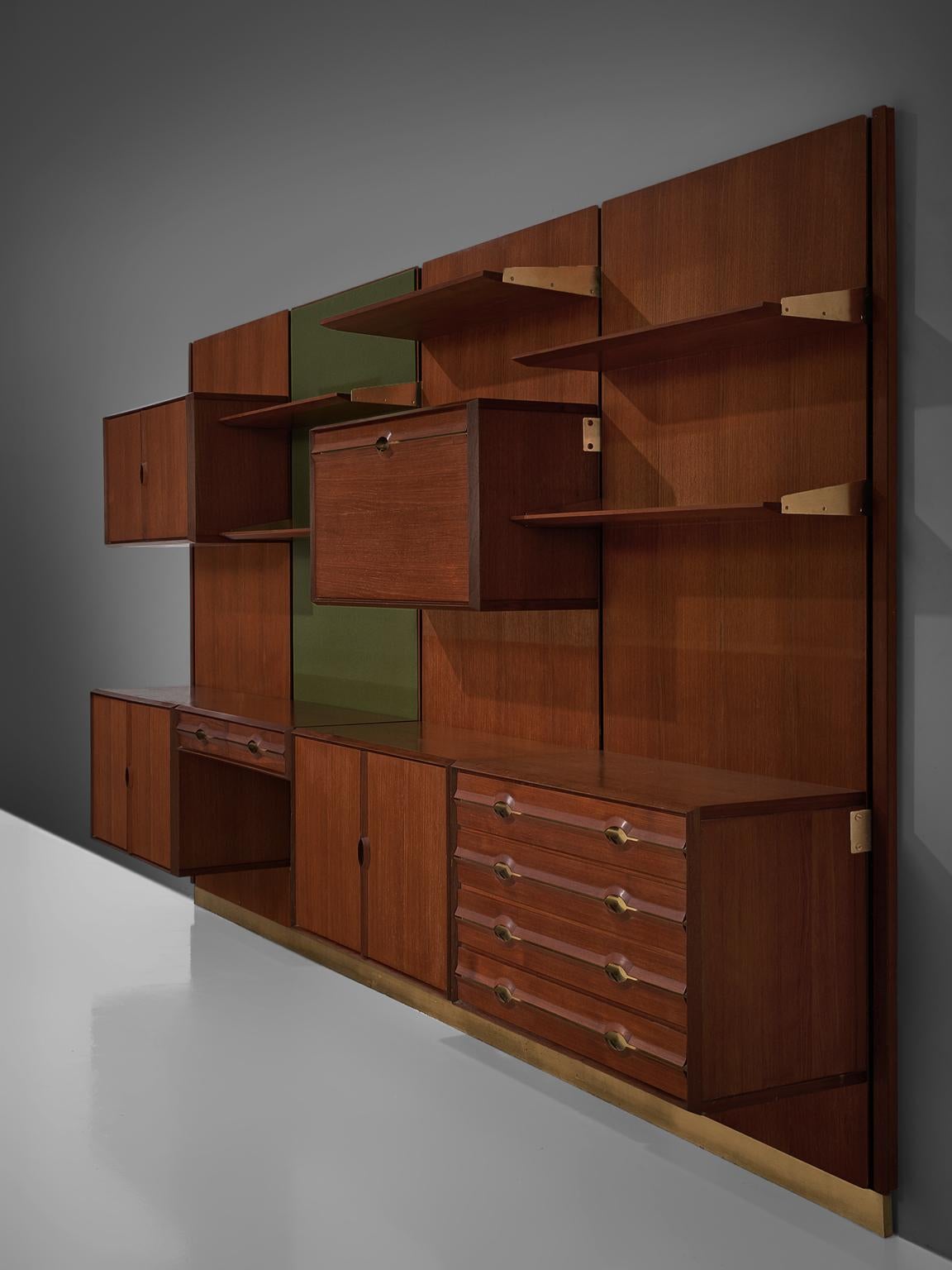 Italian Exquisite Teak and Brass Wall Unit by Cantú