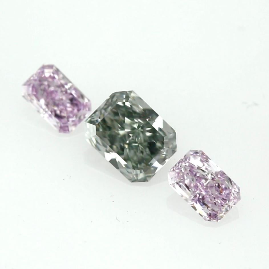 Radiant Cut Exquisite Three-Stone Set Featuring Fancy Blue-Gray & Pinkish Purple Diamonds • For Sale