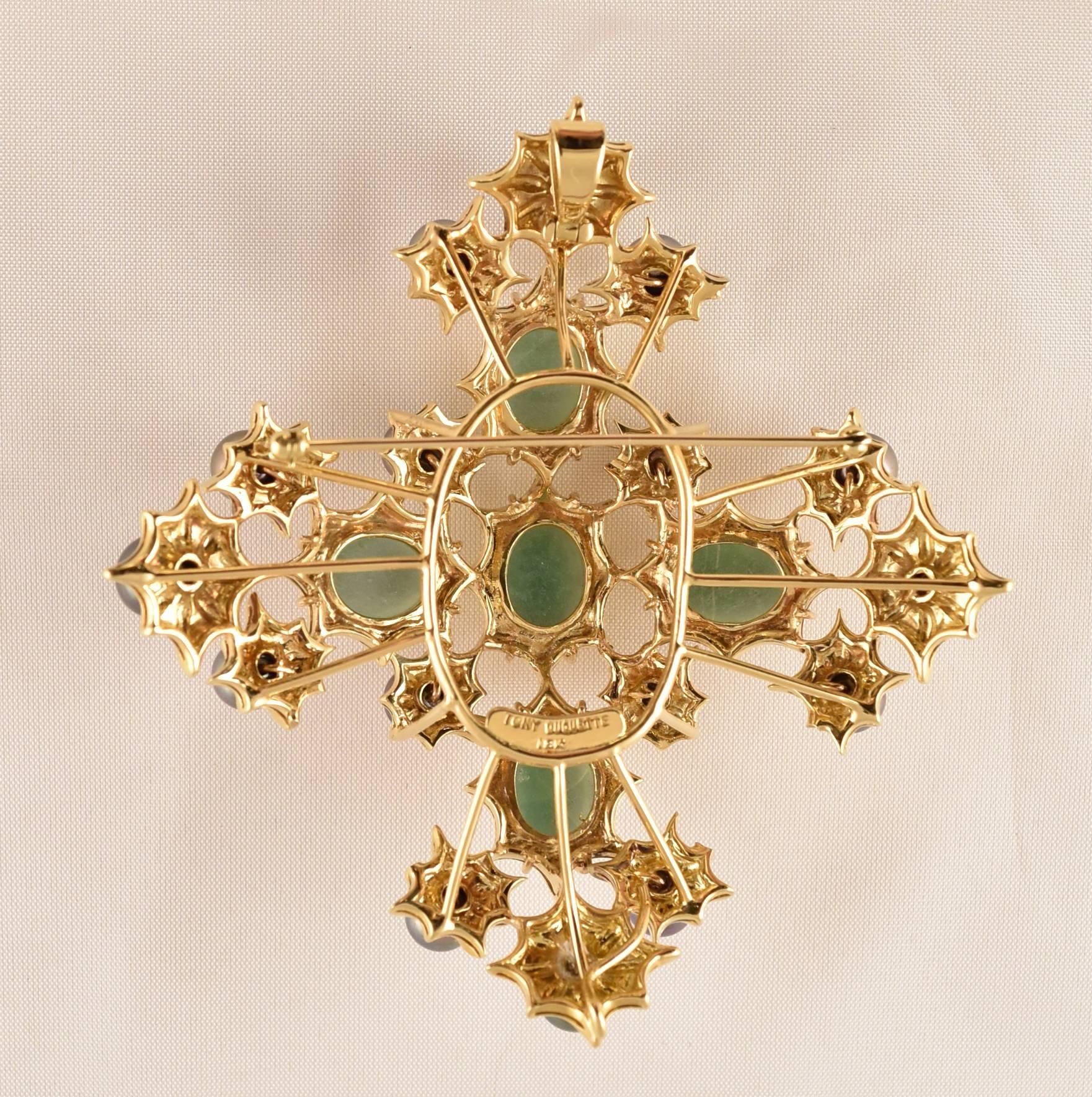 Beautiful Chrysoprase Coral and Black Pearls Statement Brooch, hand crafted in 18k Gold by Tony Duquette, Designer Extraordinaire! Coral (app. 8.41ct); 3.38” long x 3.38” wide; Signed: TONY DUQUETTE 18K. Outstanding Piece of Timeless Beauty! 
