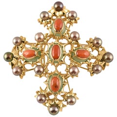 Exquisite Tony Duquette Chrysoprase, Coral and Black Pearl Gold Brooch Pin