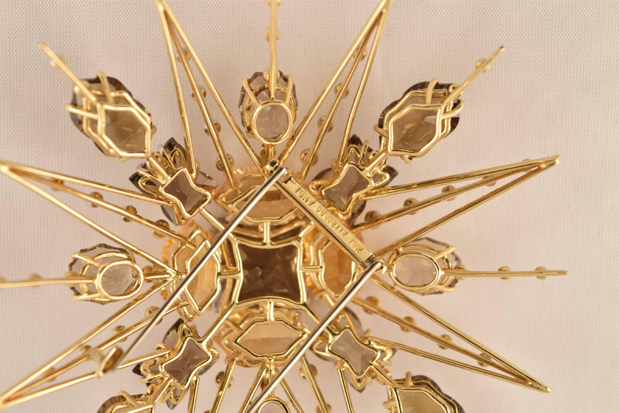 Contemporary Exquisite Tony Duquette Citrine, Smoky Quartz and Diamond Gold Brooch Pin