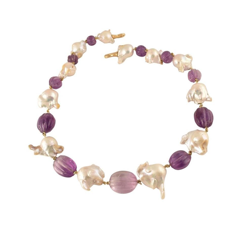 Contemporary Exquisite Tony Duquette Fluted Amethyst and Pearl Statement Necklace
