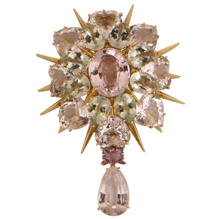 Contemporary Awesome Tony Duquette Kunzite Amethyst Heirloom Quality Gold Brooch Pin