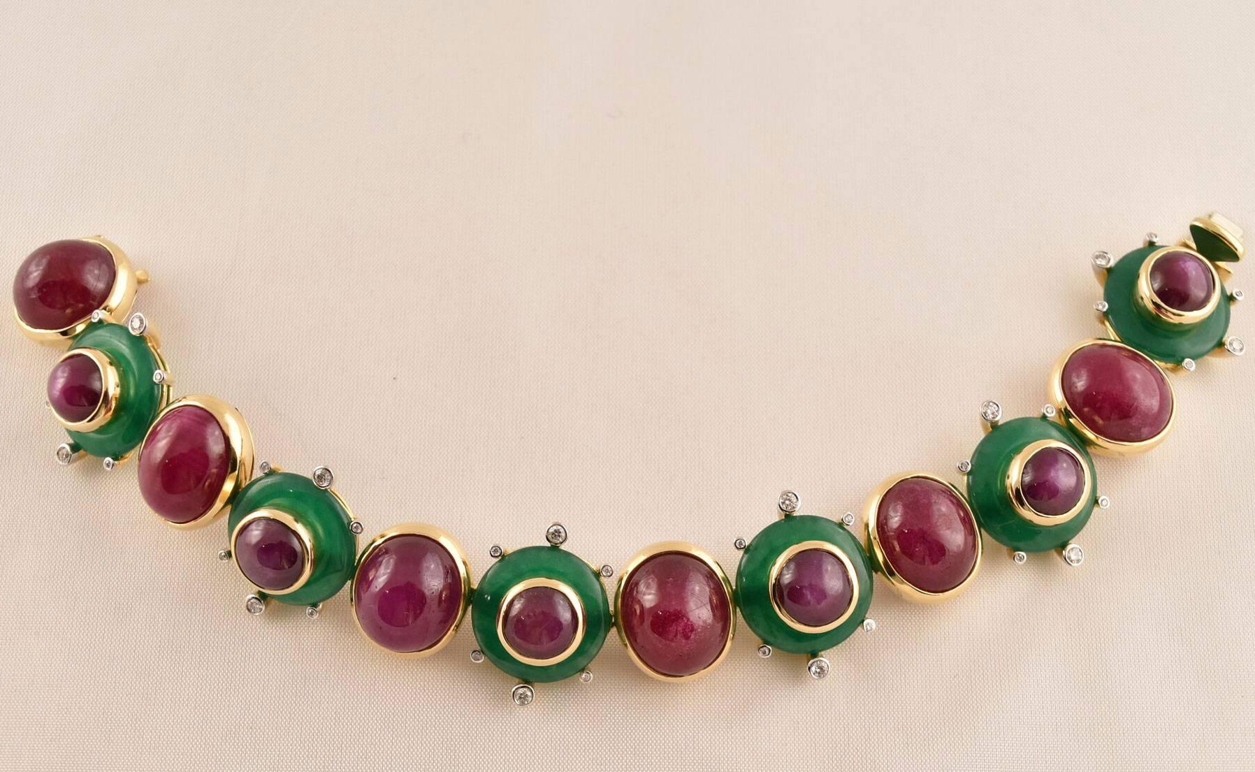 Beautiful Ruby, Star Ruby, Agate and Diamond Statement Bracelet, hand crafted in 18k Gold by Tony Duquette, Designer Extraordinaire! Ruby (app. 97ct); Star Ruby (app. 28.77ct); Agate app. 42ct); Diamond (app. .5145ct); 7.25” long  x .88” wide;
