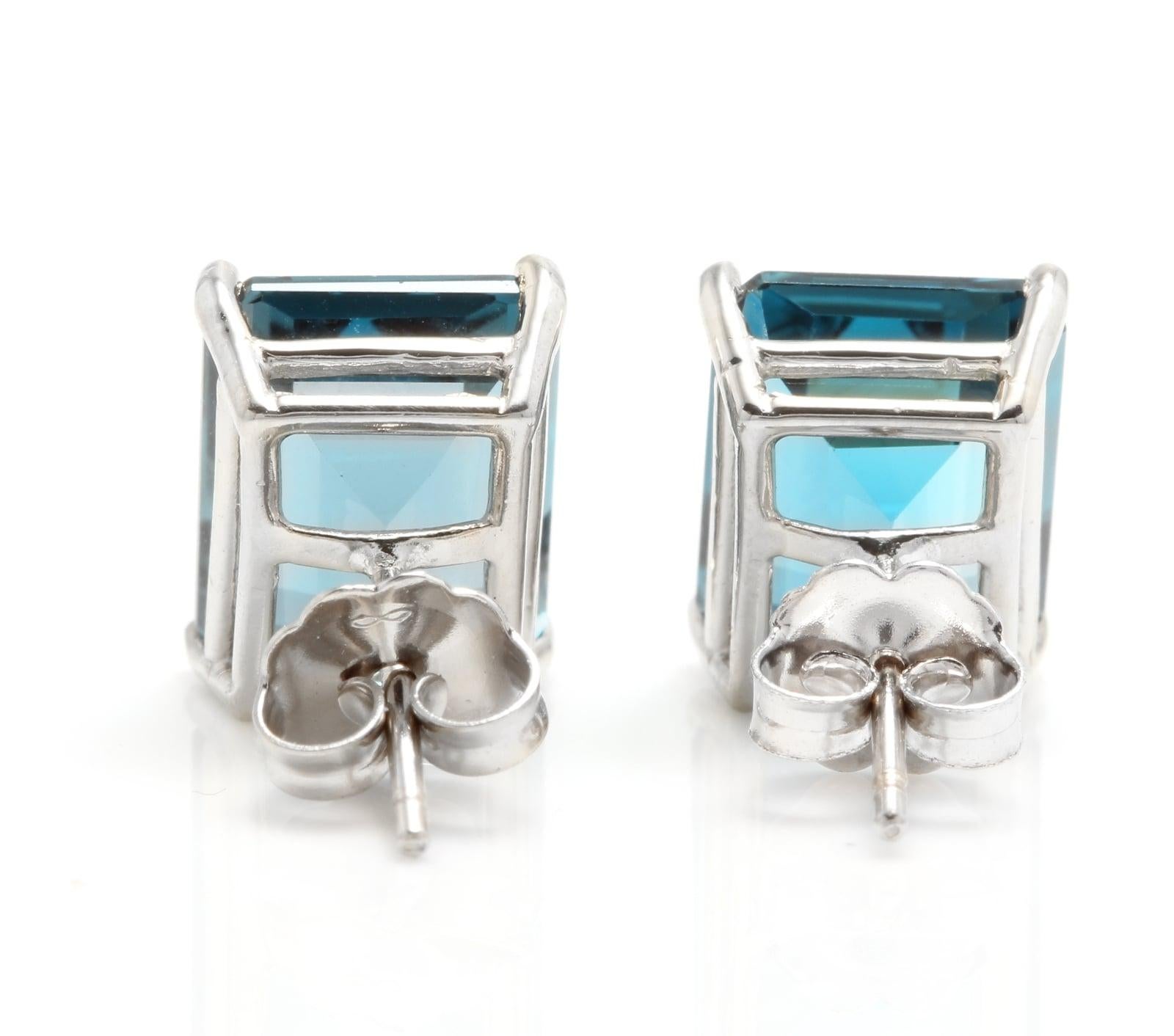 7.45 Carats Natural London Blue Topaz 14K Solid White Gold Stud Earrings
