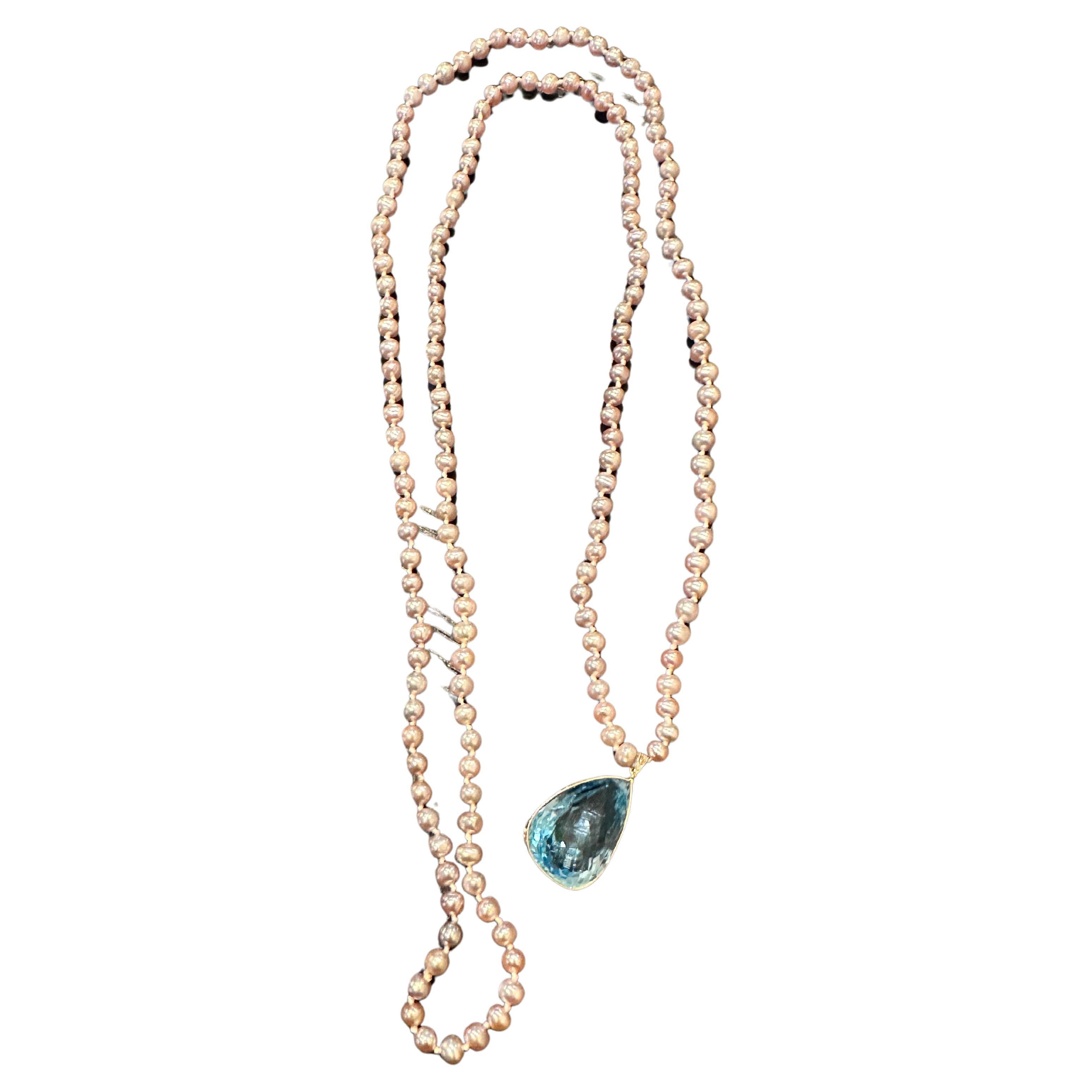 Exquisite Topaz necklace 14 Karat Gold pearl necklace 30ct HUGE pear topaz 30"  For Sale