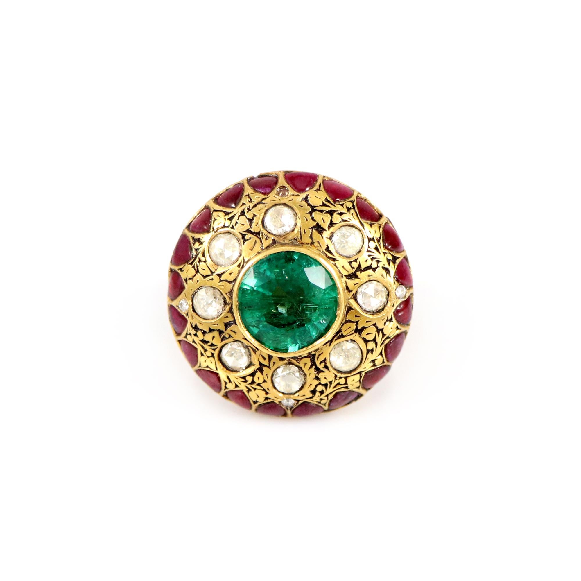 Introducing our exquisite traditional ring, a masterpiece crafted in luxurious 22K gold. At its heart lies a captivating emerald, radiating an aura of elegance and grace that truly enchants. To enhance its beauty and add a touch of opulence, vibrant