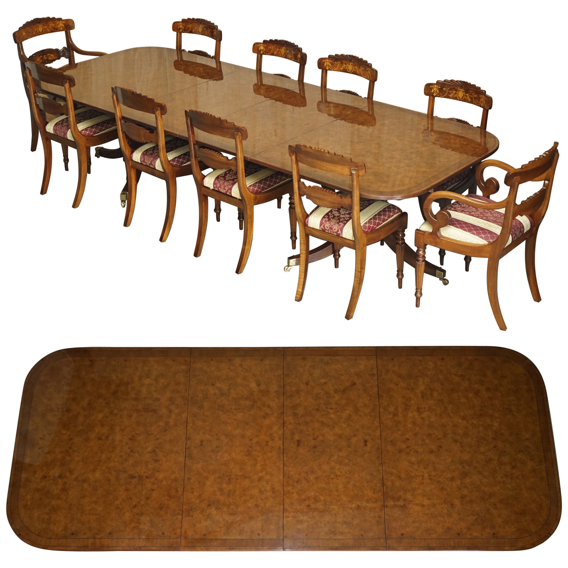 EXQUISITA MESA EXTENDIDA DE MADERA DE BURR DE DOS PEDESTALES Y 10 SILLAS SUITE