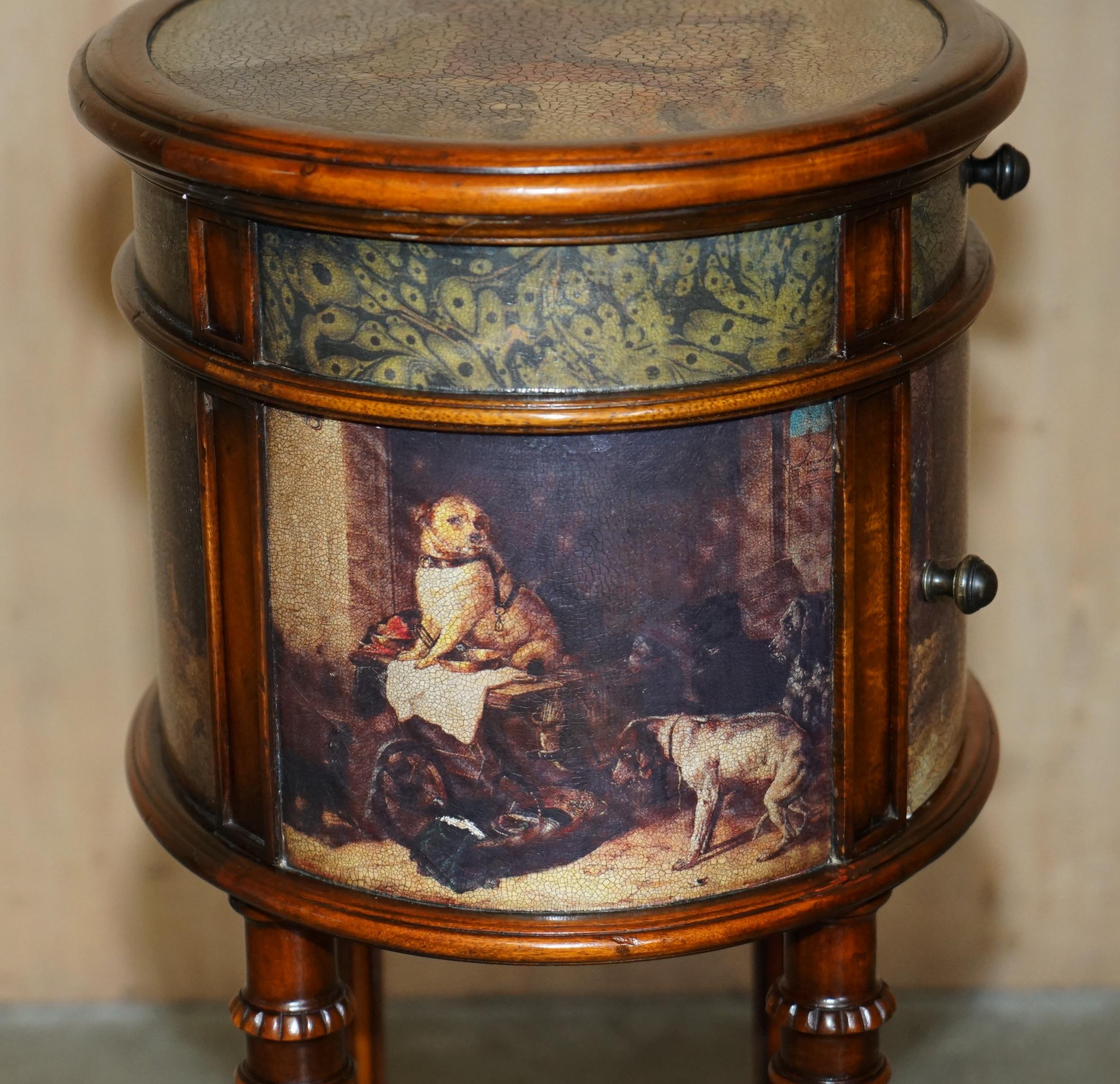 EXQUISITE TWO TIER TALL SiDE TABLE CABINET LEATHER CLADDED & PAINTED WITH DOGS For Sale 3