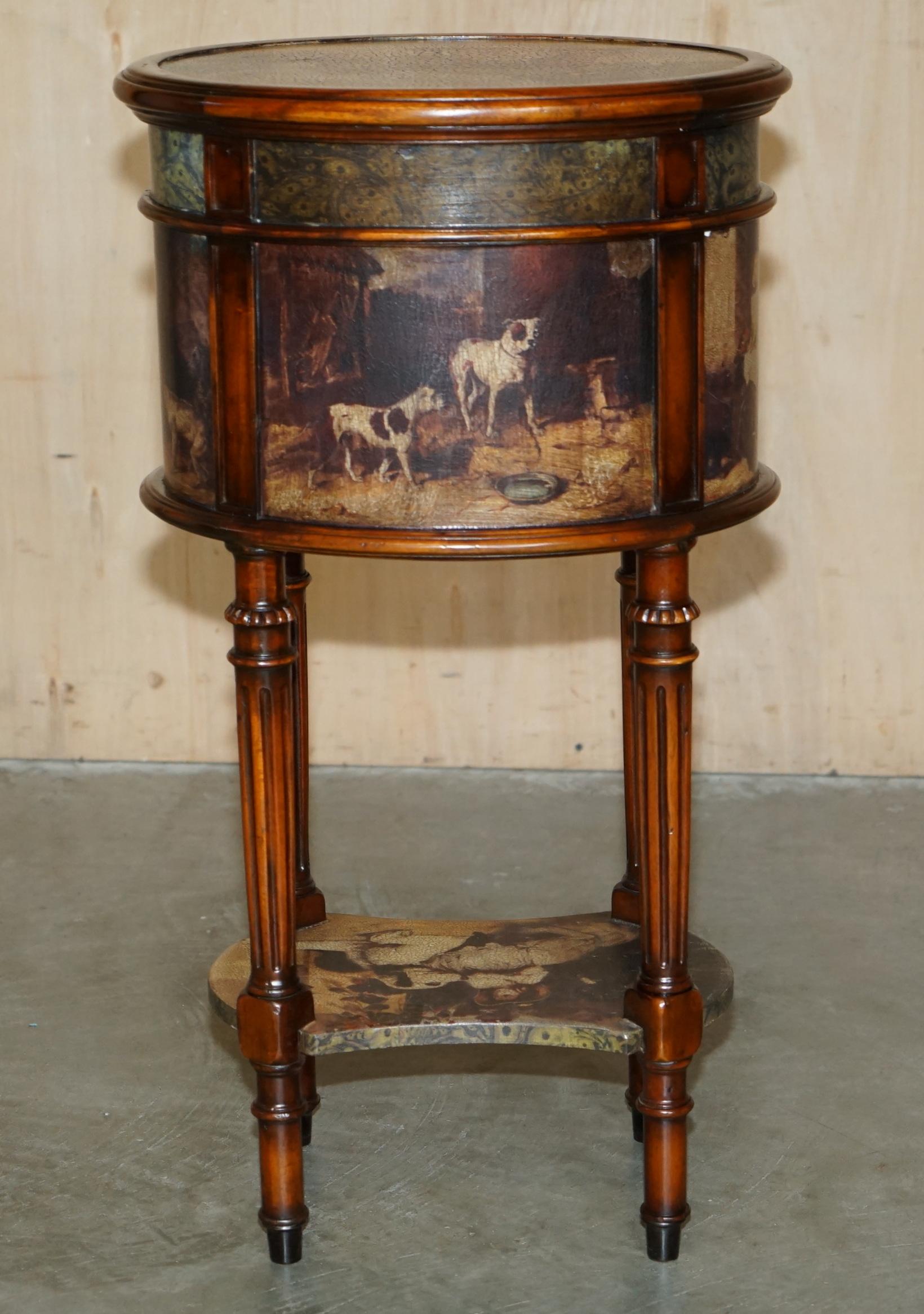 EXQUISITE TWO TIER TALL SiDE TABLE CABINET LEATHER CLADDED & PAINTED WITH DOGS For Sale 4