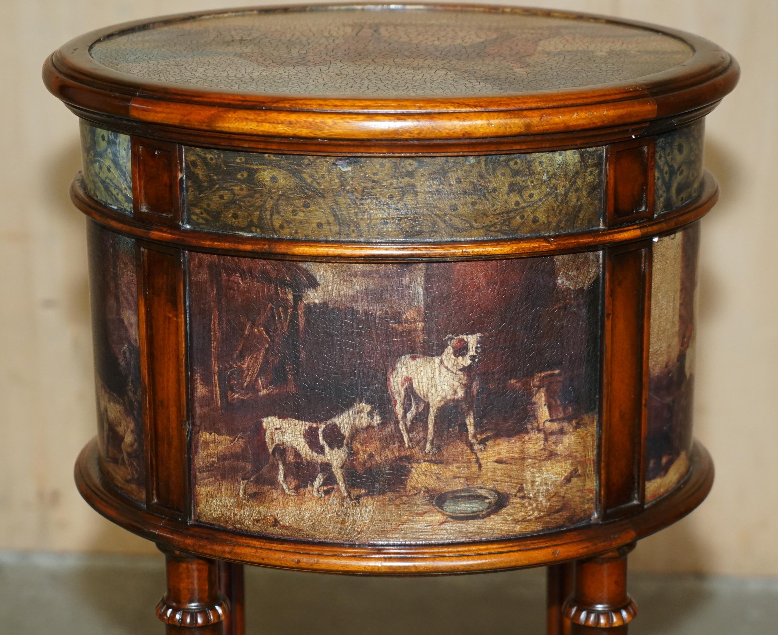 EXQUISITE TWO TIER TALL SiDE TABLE CABINET LEATHER CLADDED & PAINTED WITH DOGS For Sale 5