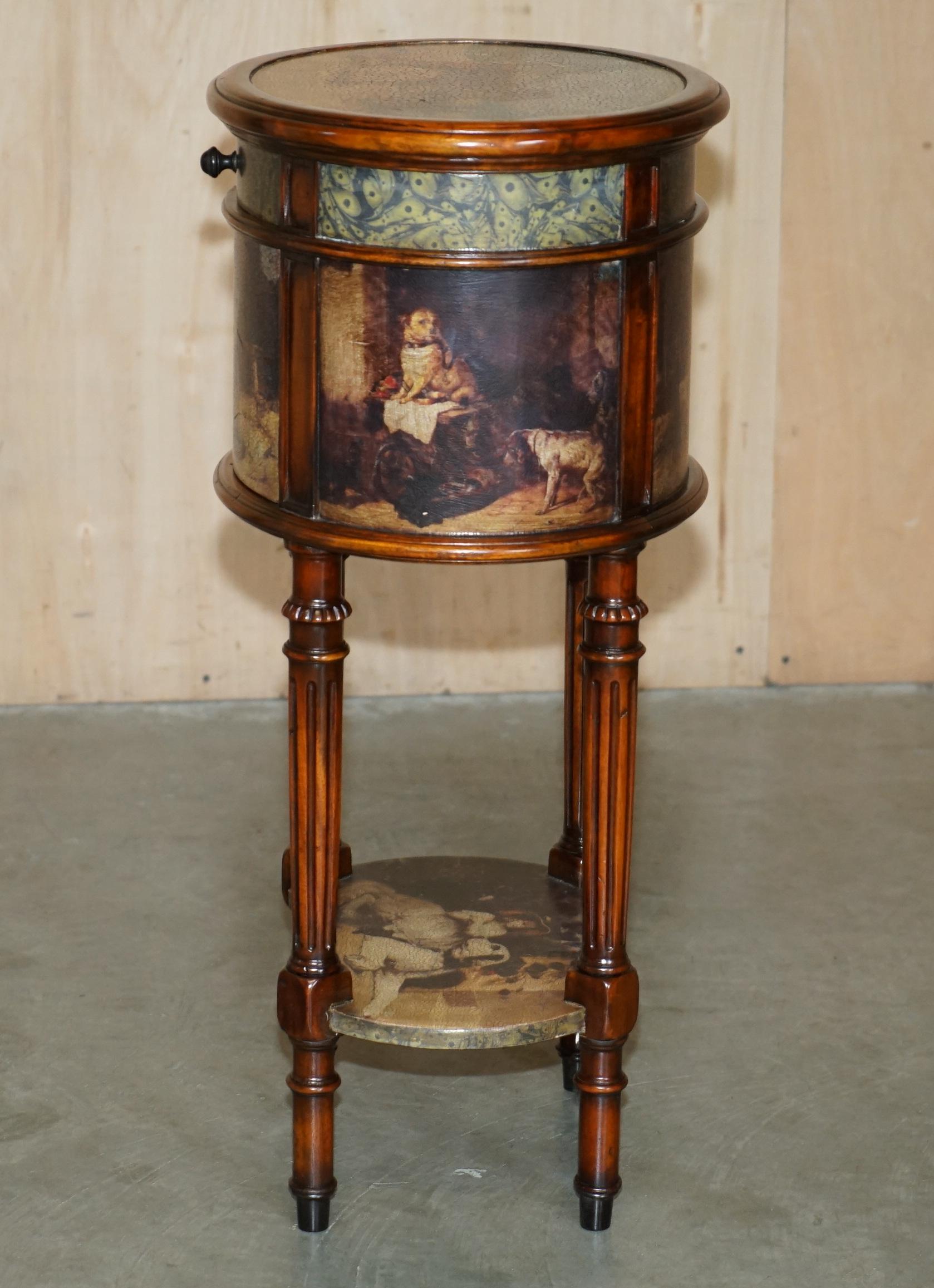 EXQUISITE TWO TIER TALL SiDE TABLE CABINET LEATHER CLADDED & PAINTED WITH DOGS For Sale 6