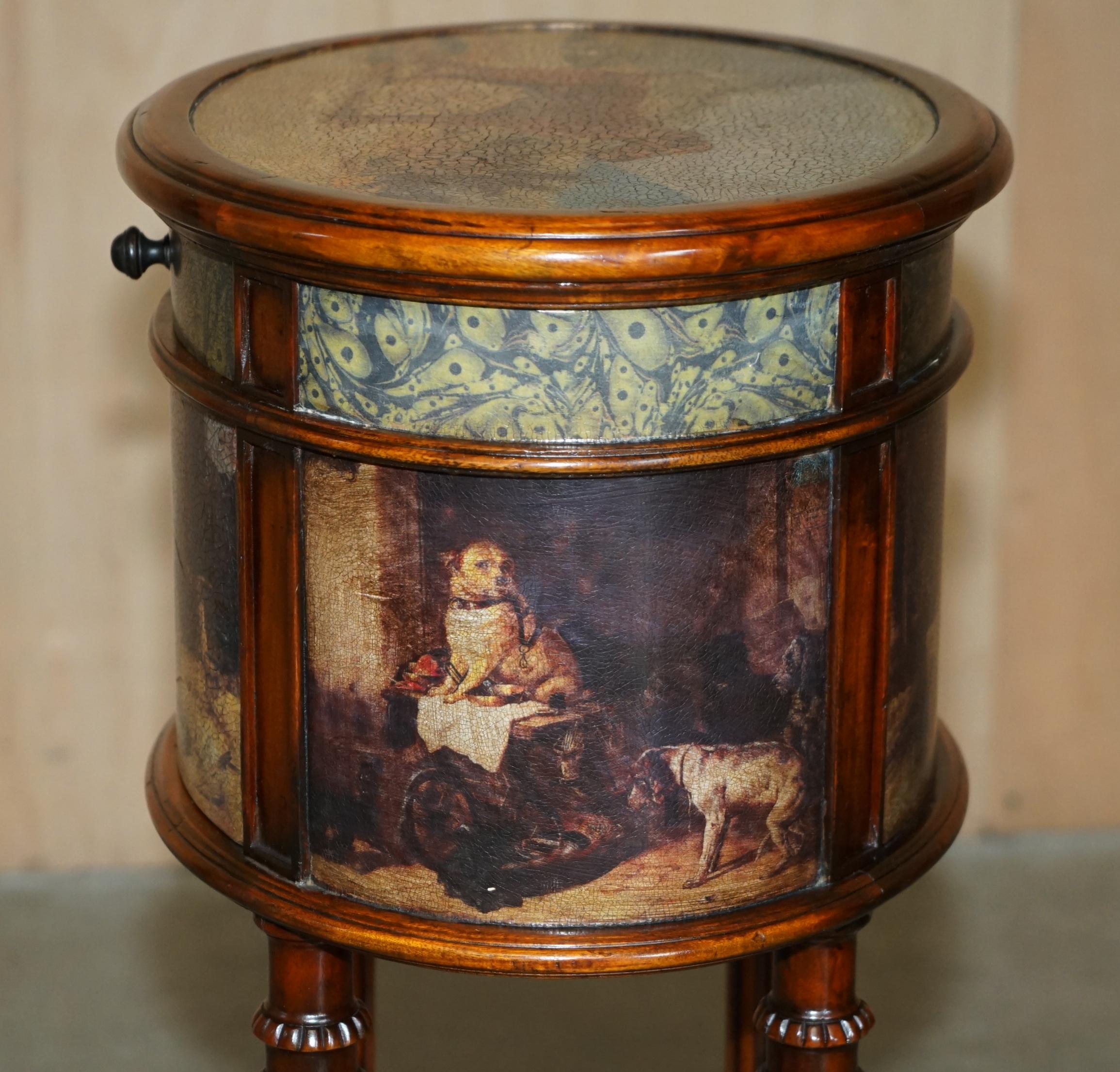 EXQUISITE TWO TIER TALL SiDE TABLE CABINET LEATHER CLADDED & PAINTED WITH DOGS For Sale 7