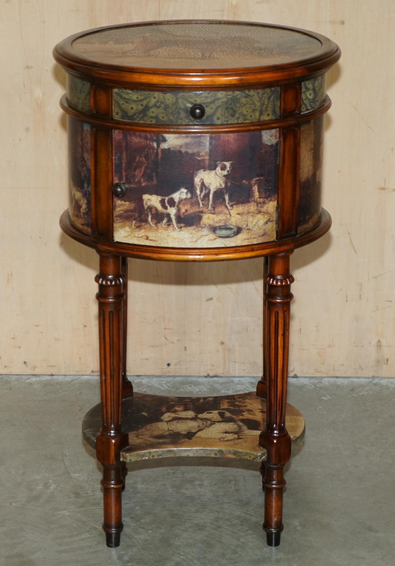 Victorian EXQUISITE TWO TIER TALL SiDE TABLE CABINET LEATHER CLADDED & PAINTED WITH DOGS For Sale