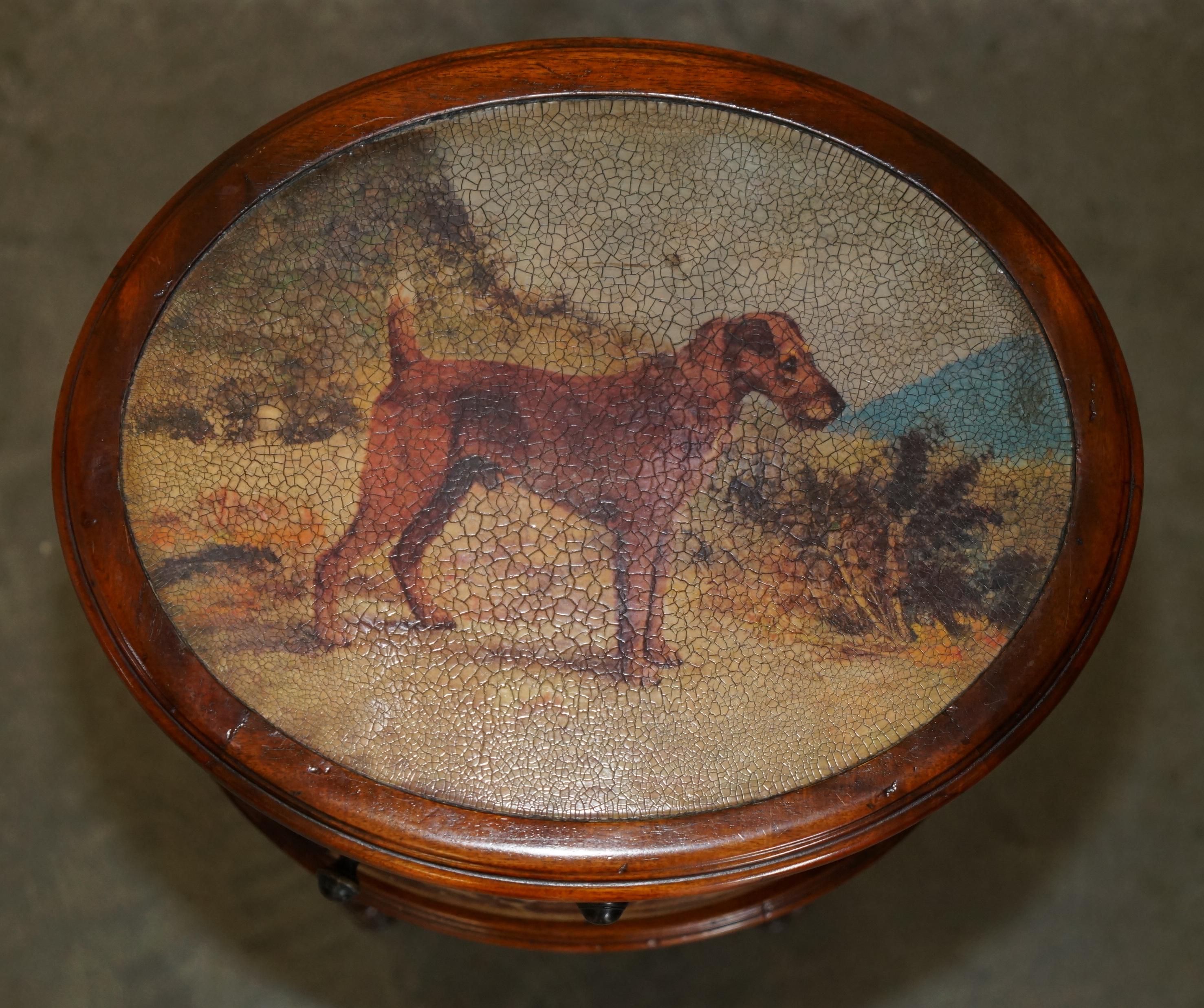 English EXQUISITE TWO TIER TALL SiDE TABLE CABINET LEATHER CLADDED & PAINTED WITH DOGS For Sale