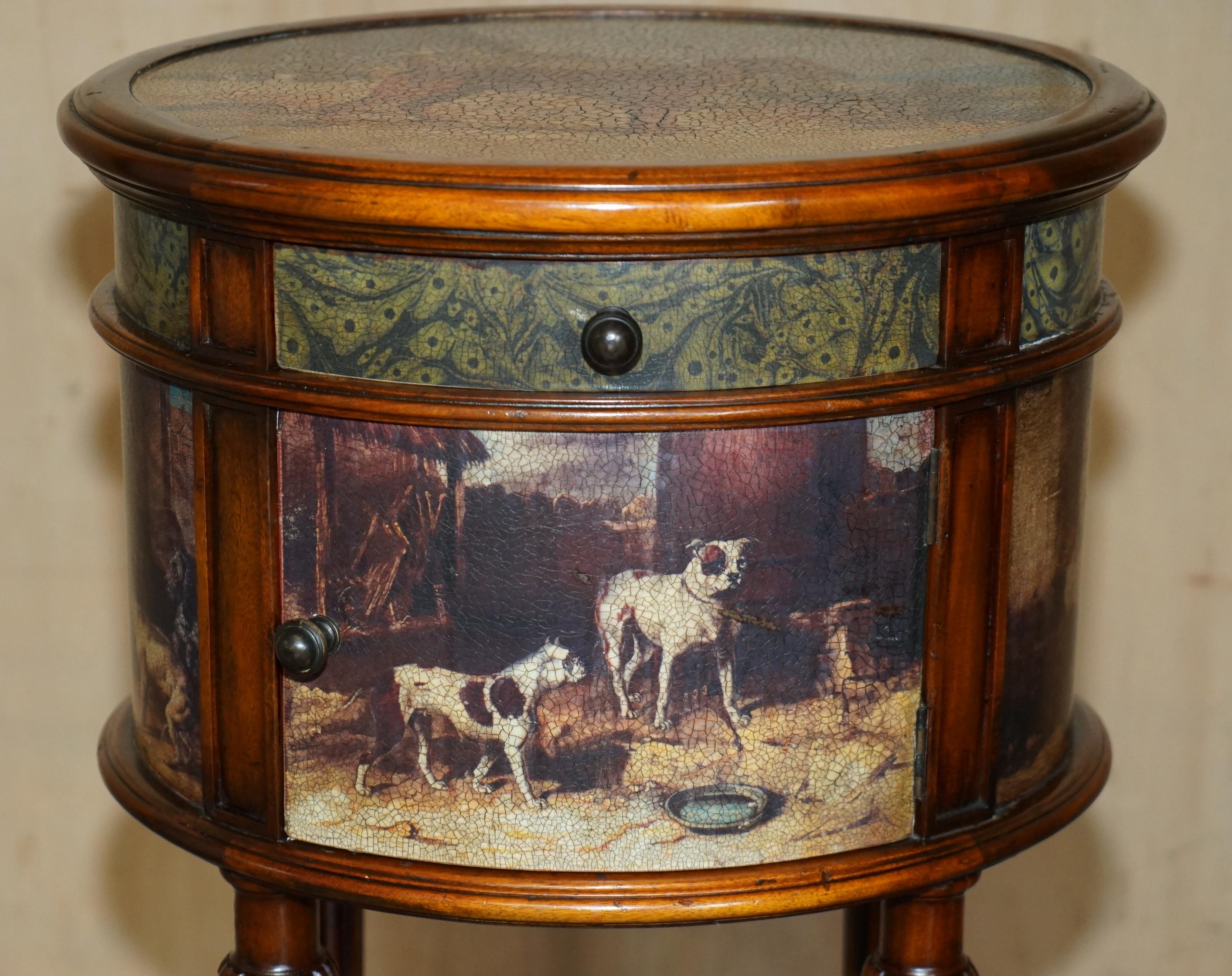20th Century EXQUISITE TWO TIER TALL SiDE TABLE CABINET LEATHER CLADDED & PAINTED WITH DOGS For Sale
