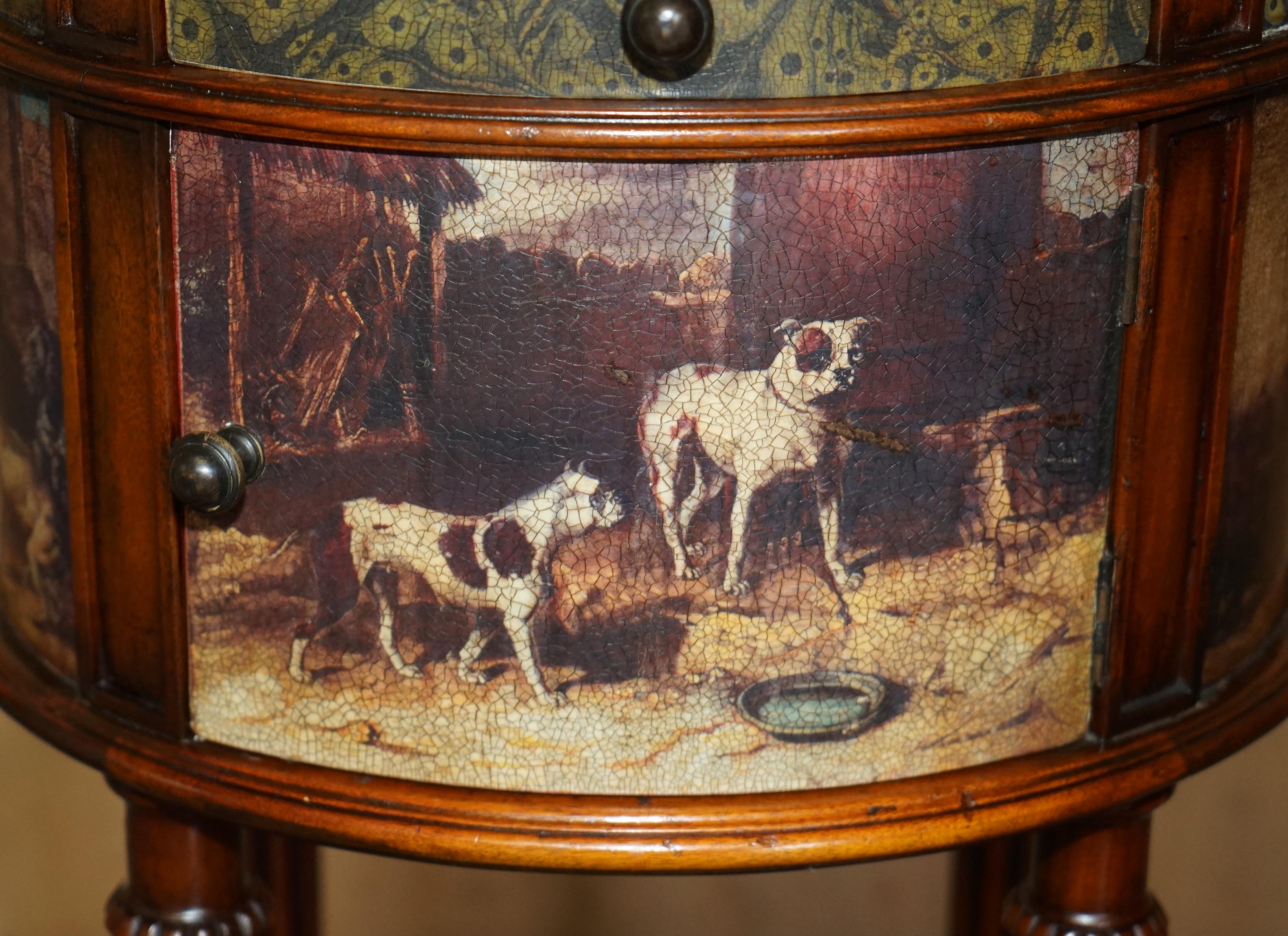 Leather EXQUISITE TWO TIER TALL SiDE TABLE CABINET LEATHER CLADDED & PAINTED WITH DOGS For Sale
