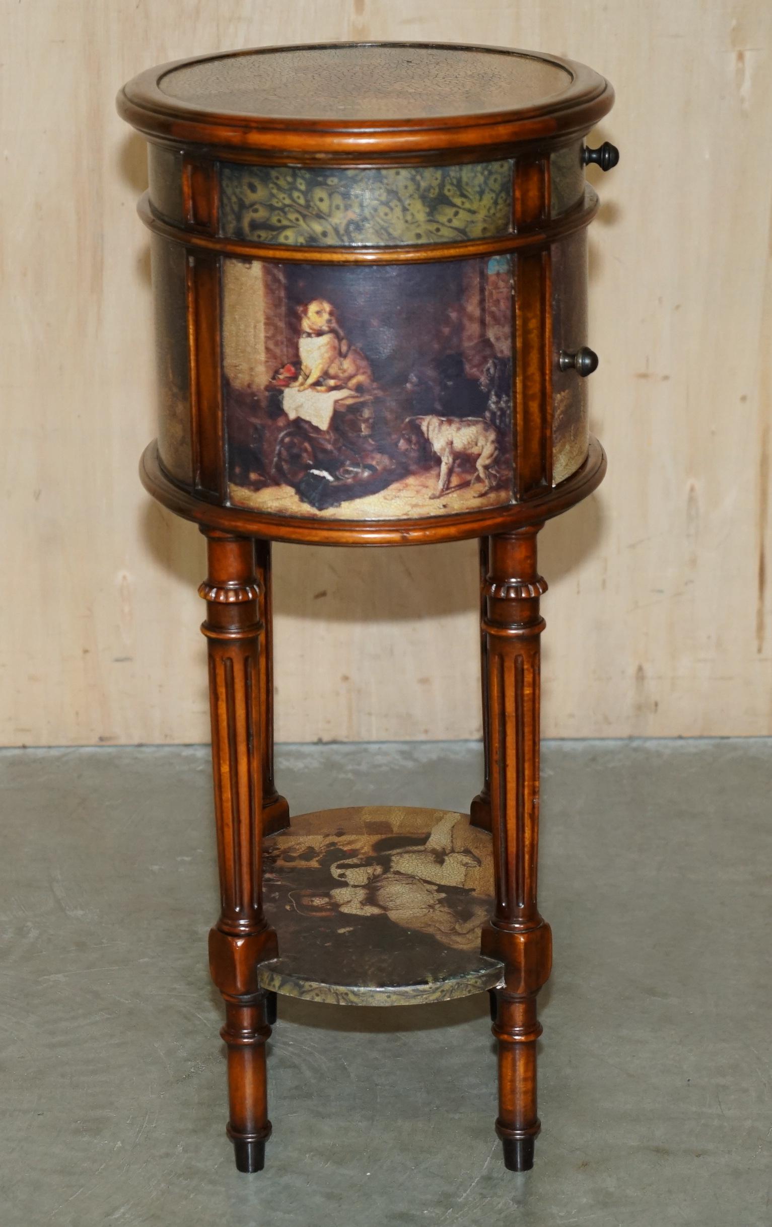 EXQUISITE TWO TIER TALL SiDE TABLE CABINET LEATHER CLADDED & PAINTED WITH DOGS For Sale 2