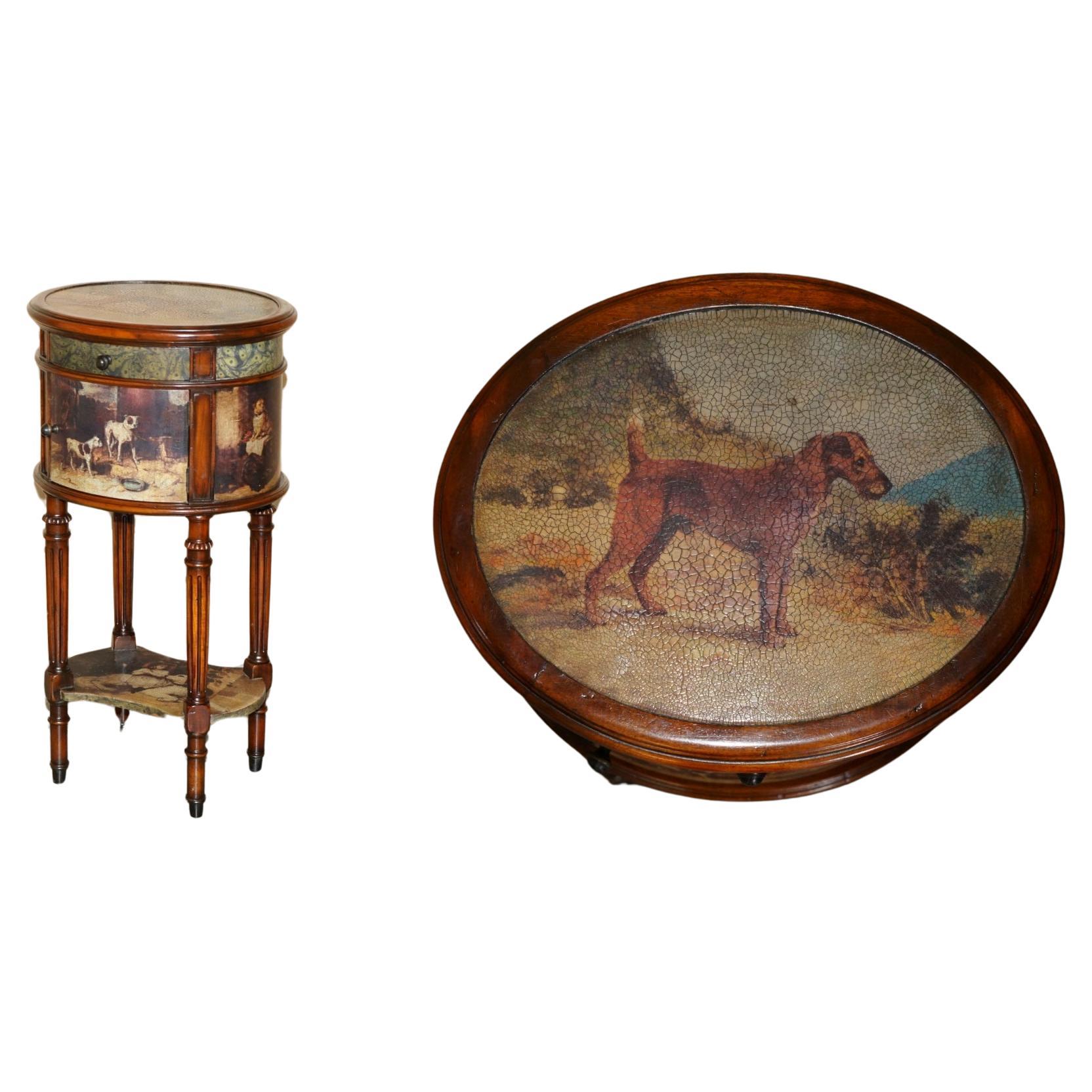 EXQUISITE TWO TIER TALL SiDE TABLE CABINET LEATHER CLADDED & PAINTED WITH DOGS For Sale