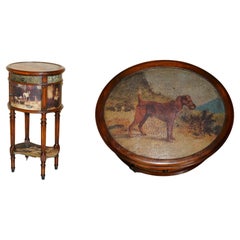 Vintage EXQUISITE TWO TIER TALL SiDE TABLE CABINET LEATHER CLADDED & PAINTED WITH DOGS