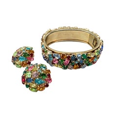 Exquisite Unsigned Vintage Vogue Multi Color Cut Glass Bangle & Earrings Set