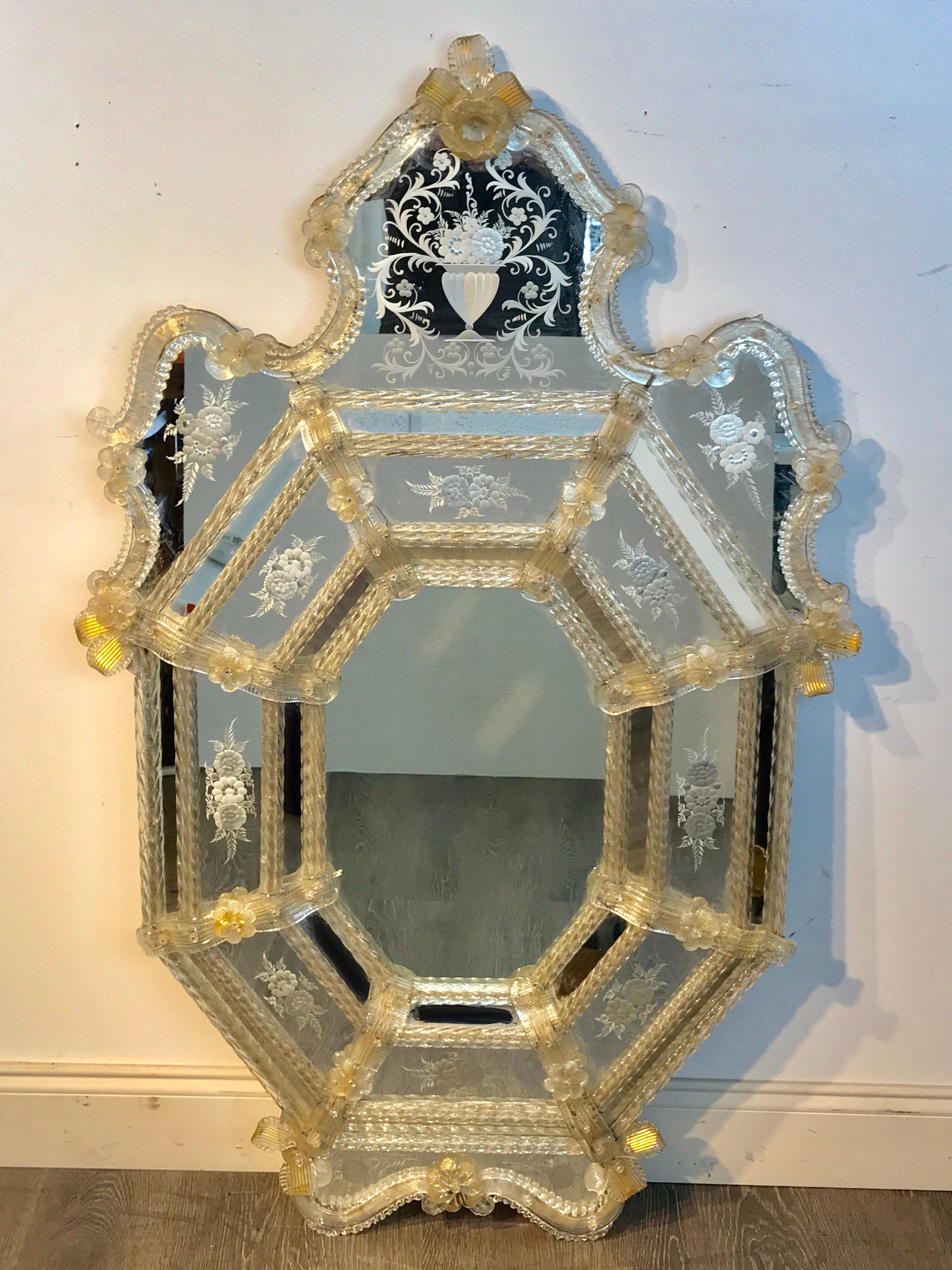 Exquisite Venetian glass engraved mirror, of typical form with with applied glass decoration and finely engraved mirror detail, the center mirror measures 12