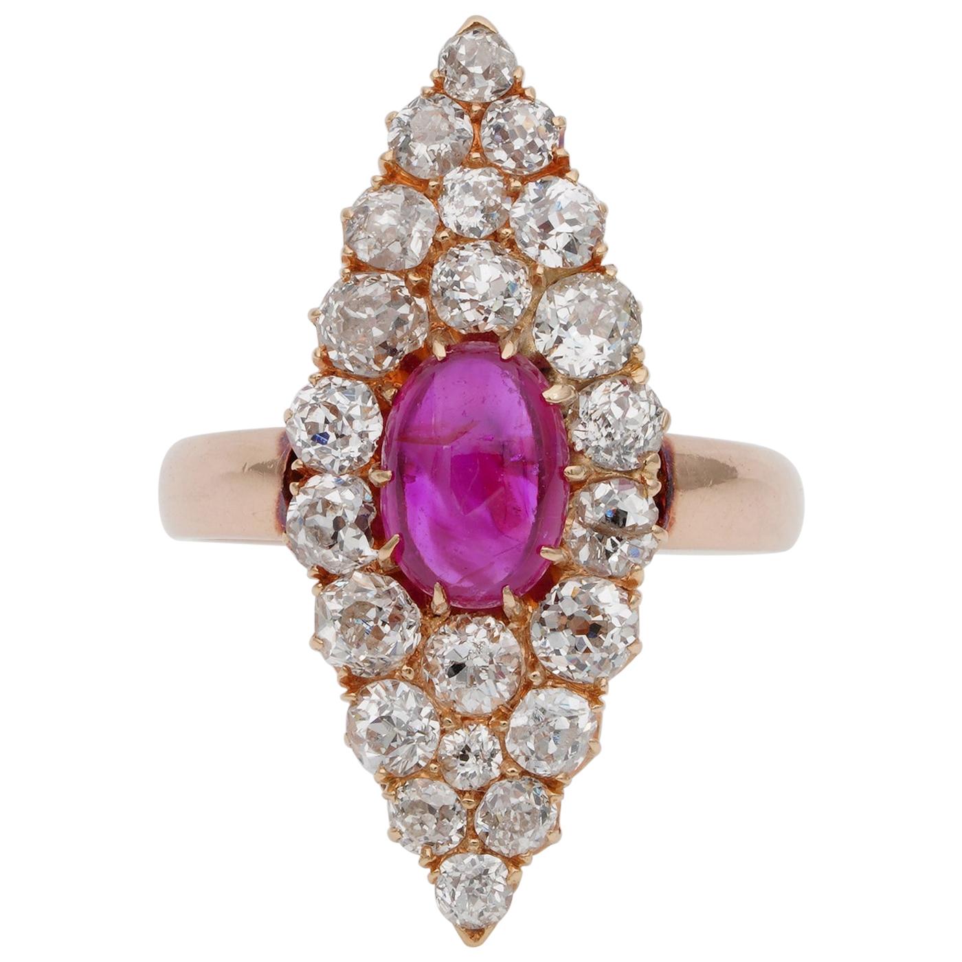 Exquisite Victorian Burma Ruby and Diamond Marquee Ring For Sale