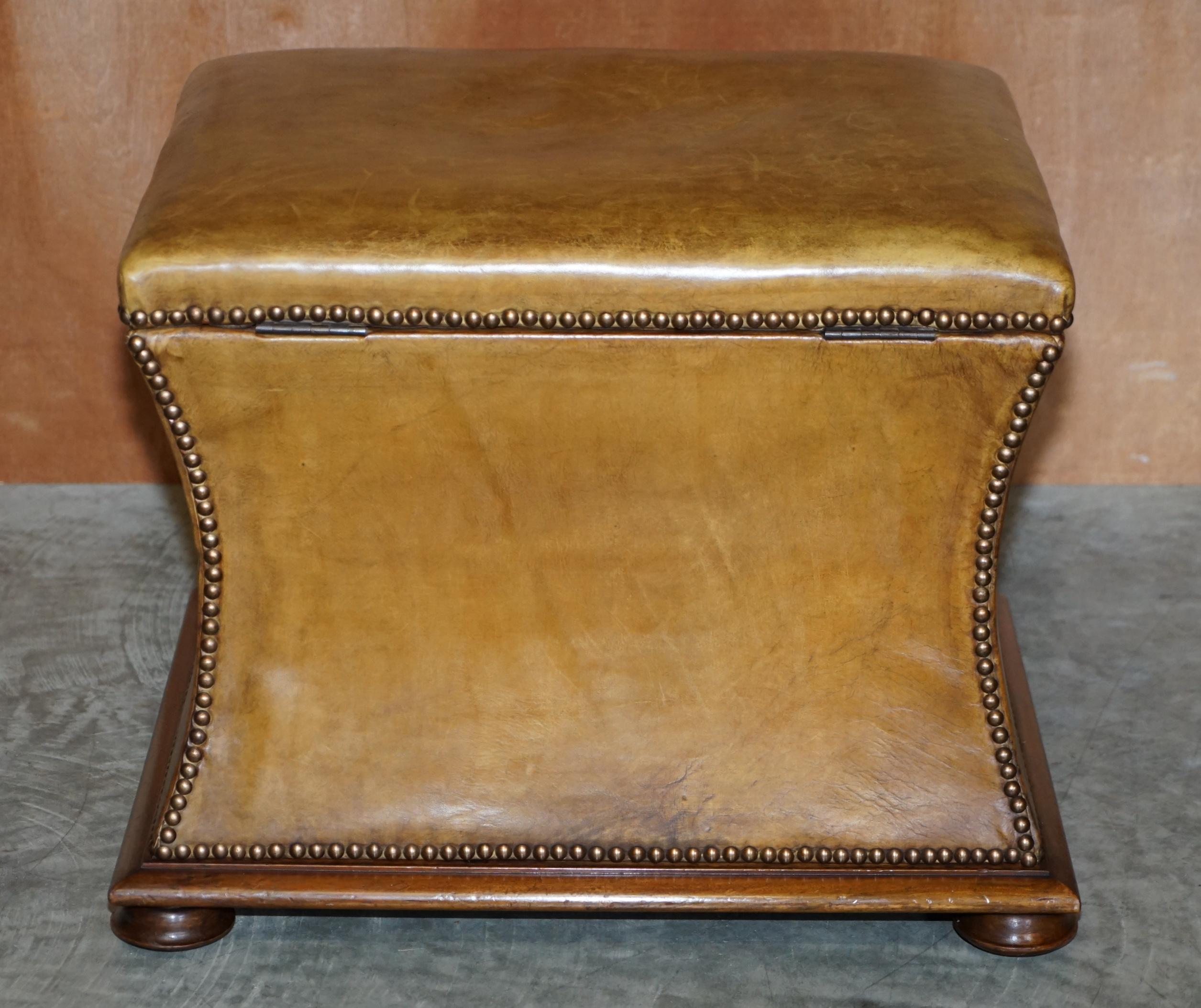 Exquisite Victorian circa 1860 Tan Brown Leather Ottoman Stool Footstool Storage For Sale 1