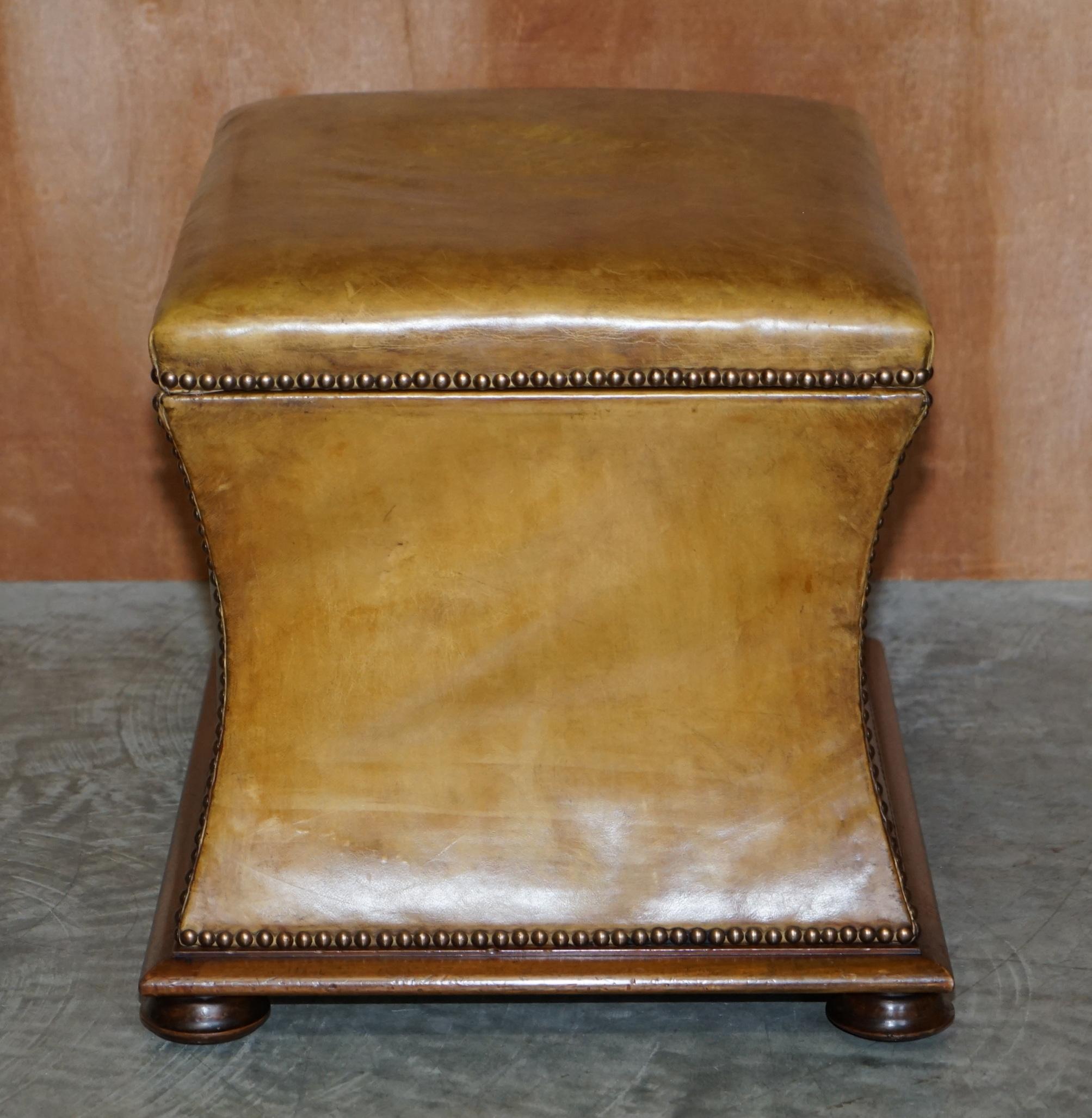 Exquisite Victorian circa 1860 Tan Brown Leather Ottoman Stool Footstool Storage For Sale 2