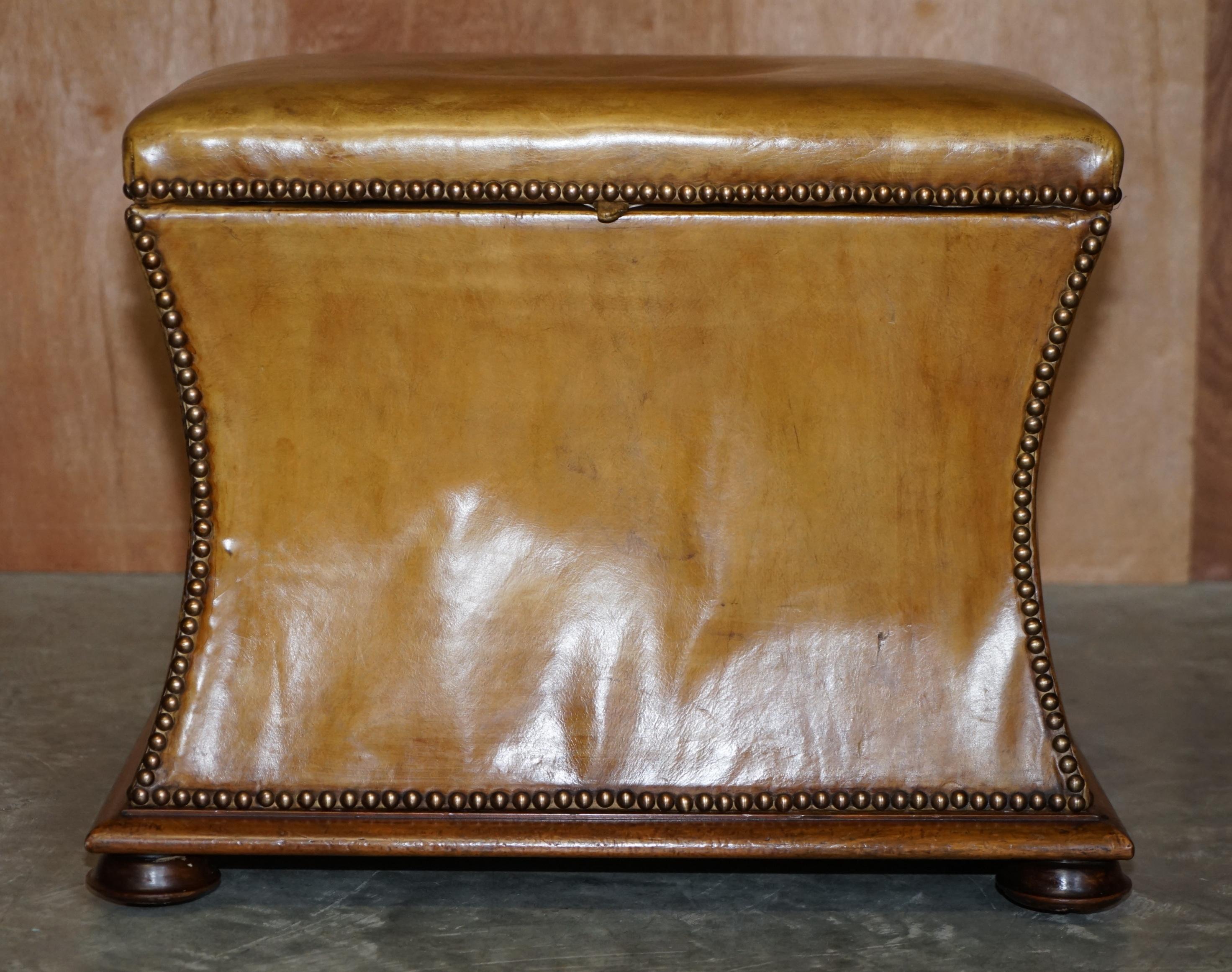 High Victorian Exquisite Victorian circa 1860 Tan Brown Leather Ottoman Stool Footstool Storage For Sale