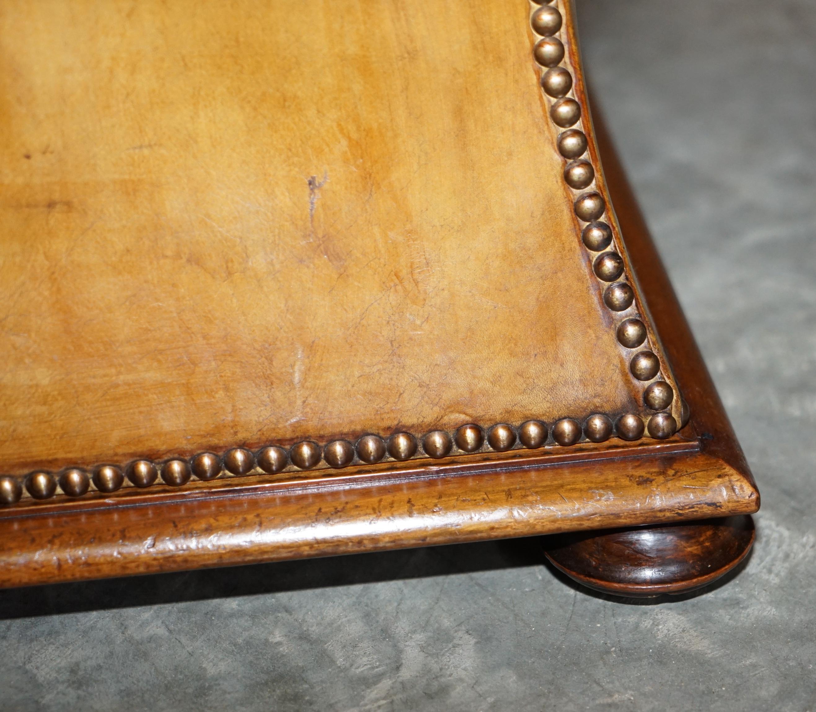 Hand-Crafted Exquisite Victorian circa 1860 Tan Brown Leather Ottoman Stool Footstool Storage For Sale