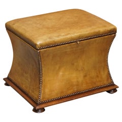Exquisite Victorian circa 1860 Tan Brown Leather Ottoman Stool Footstool Storage
