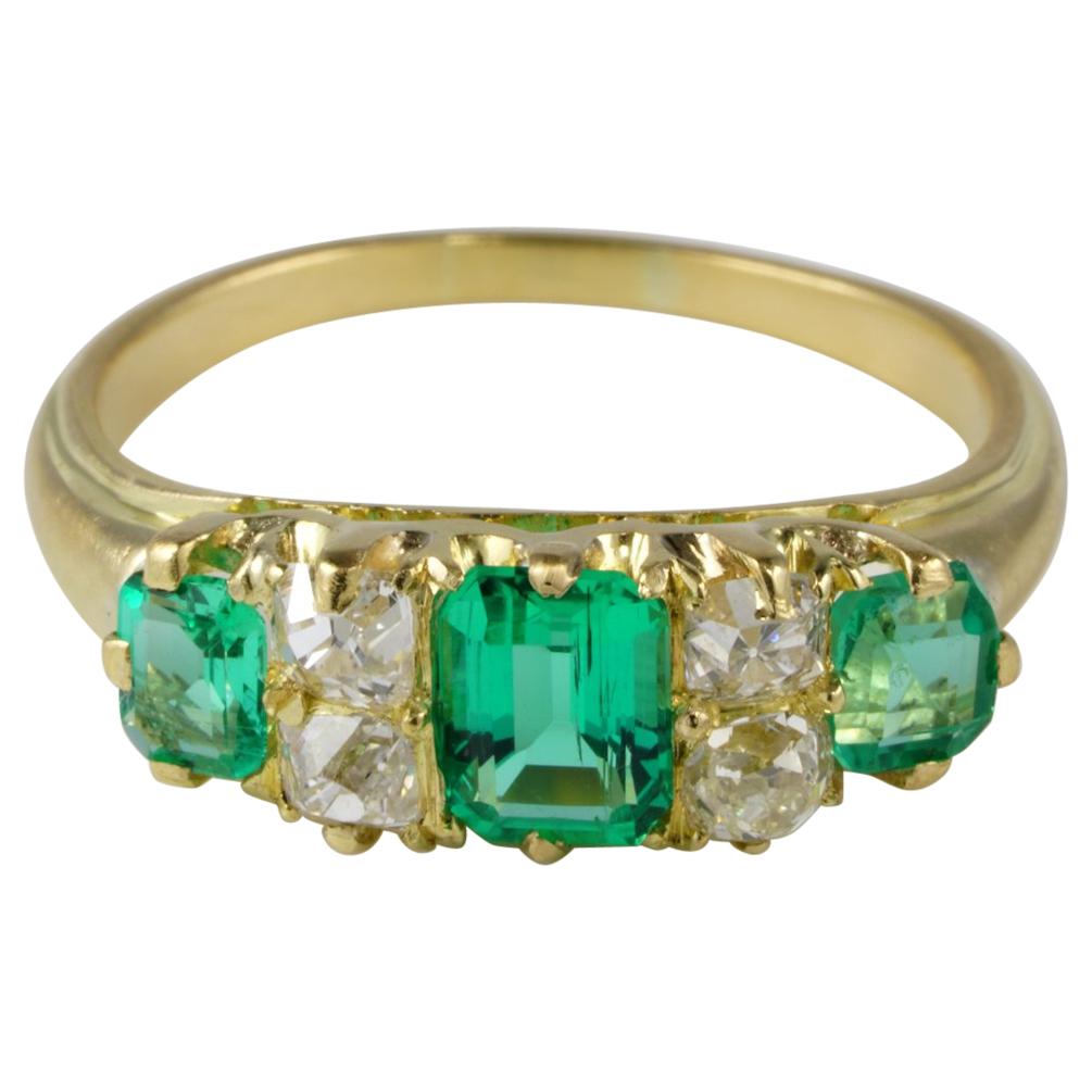 Exquisite Victorian Colombian Emerald Old Mine Diamond Seven Stone Ring