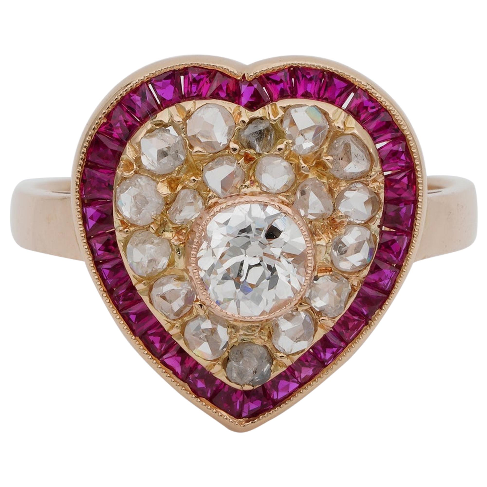 Exquisite Victorian Diamond Ruby Rare Heart Ring For Sale