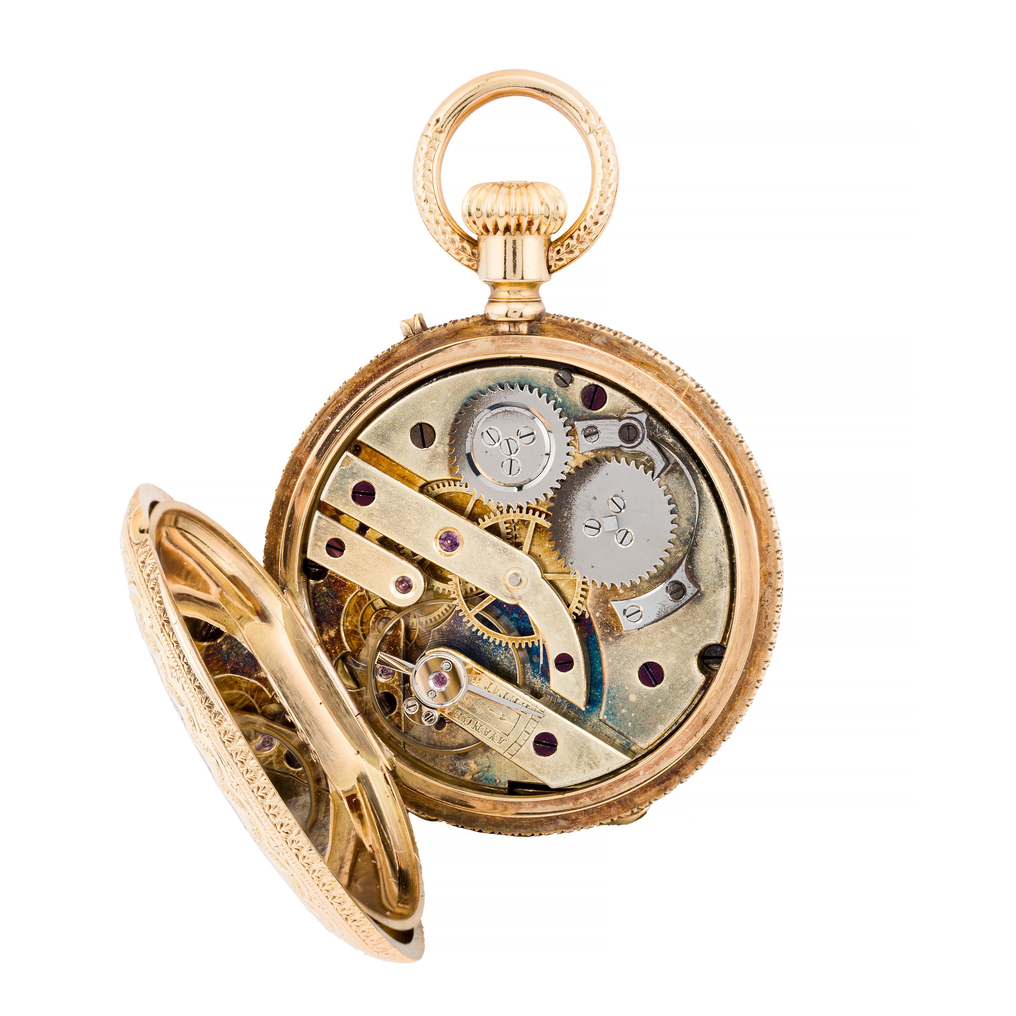 Exquisite Victorian Enamel Cherub Garden Scene 18 Karat Gold Swiss Pocket Watch For Sale 6