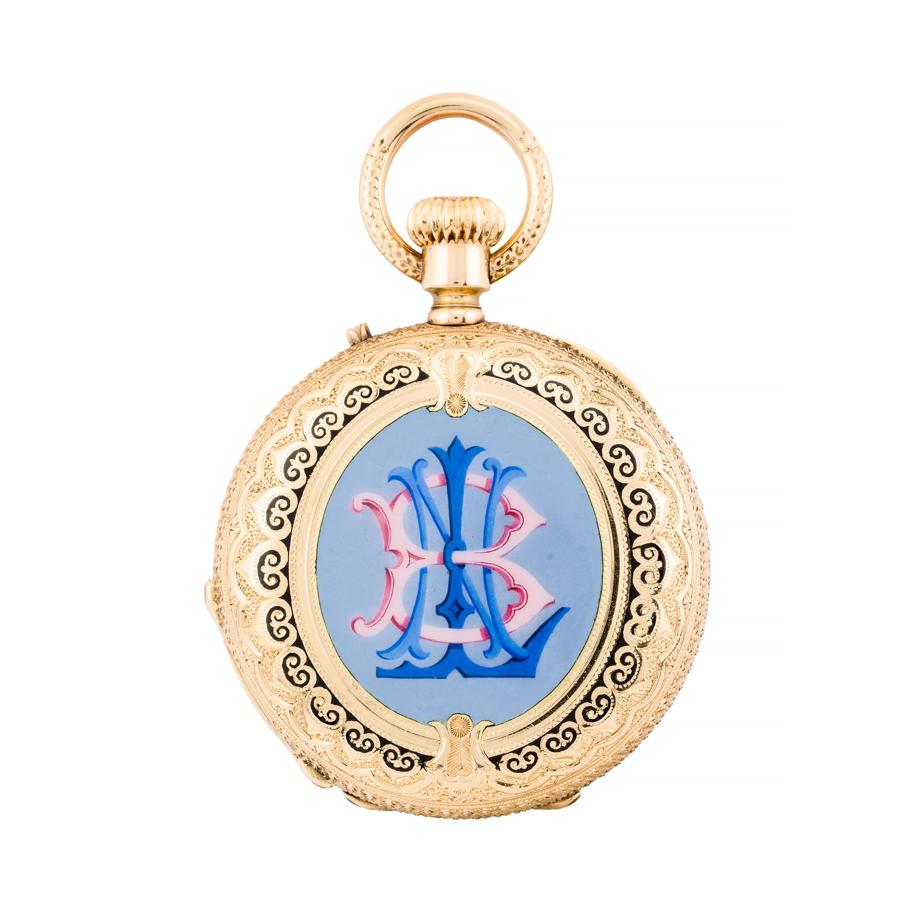 Aston Estate Jewelry Presents:

A Swiss Victorian pocket watch crafted in 18k gold.

The round case measures 35mm in width, featuring an exquisite enamel design. The front showcases a detailed scene of two cherubs, adding a touch of elegance and