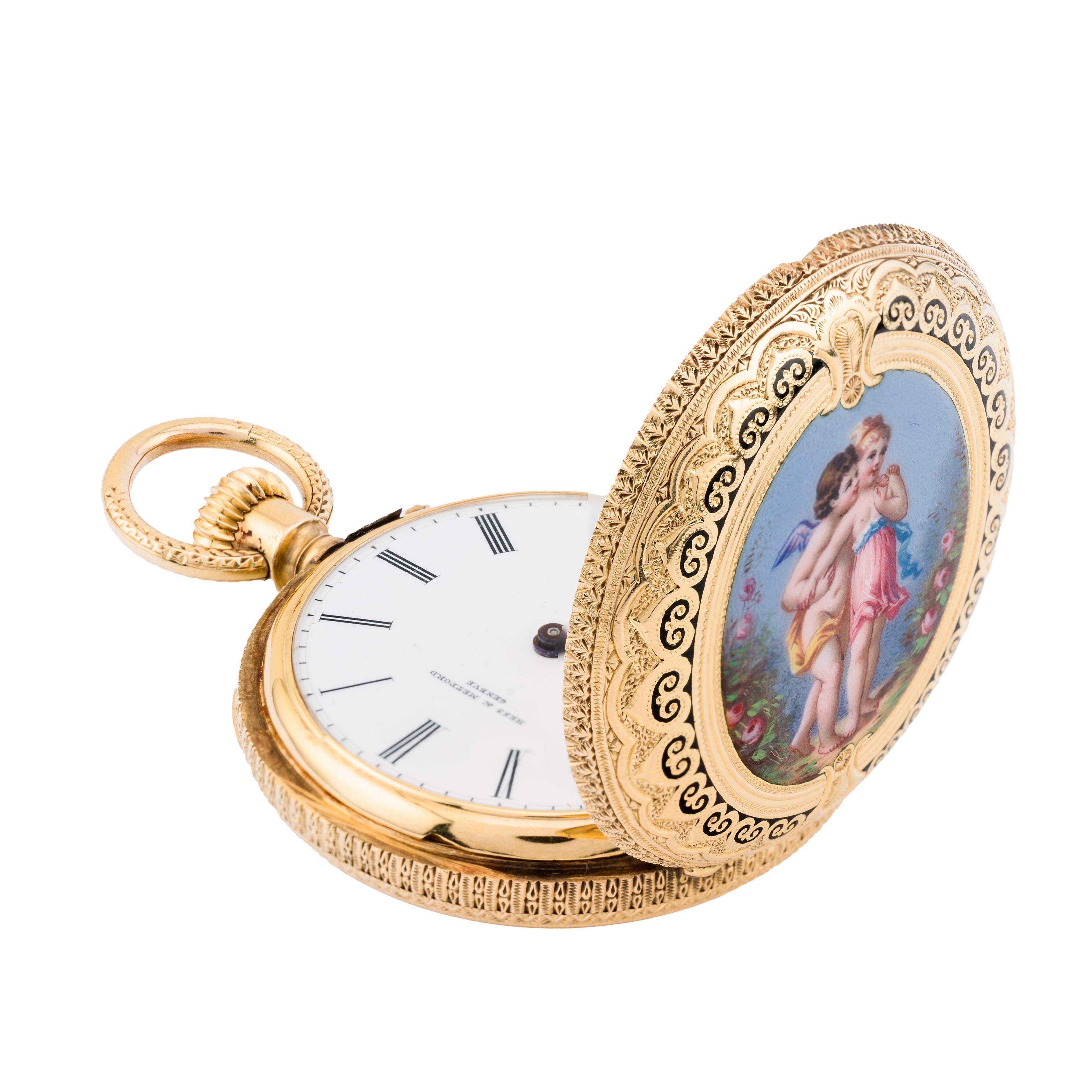 Exquisite Victorian Enamel Cherub Garden Scene 18 Karat Gold Swiss Pocket Watch In Excellent Condition For Sale In Boston, MA