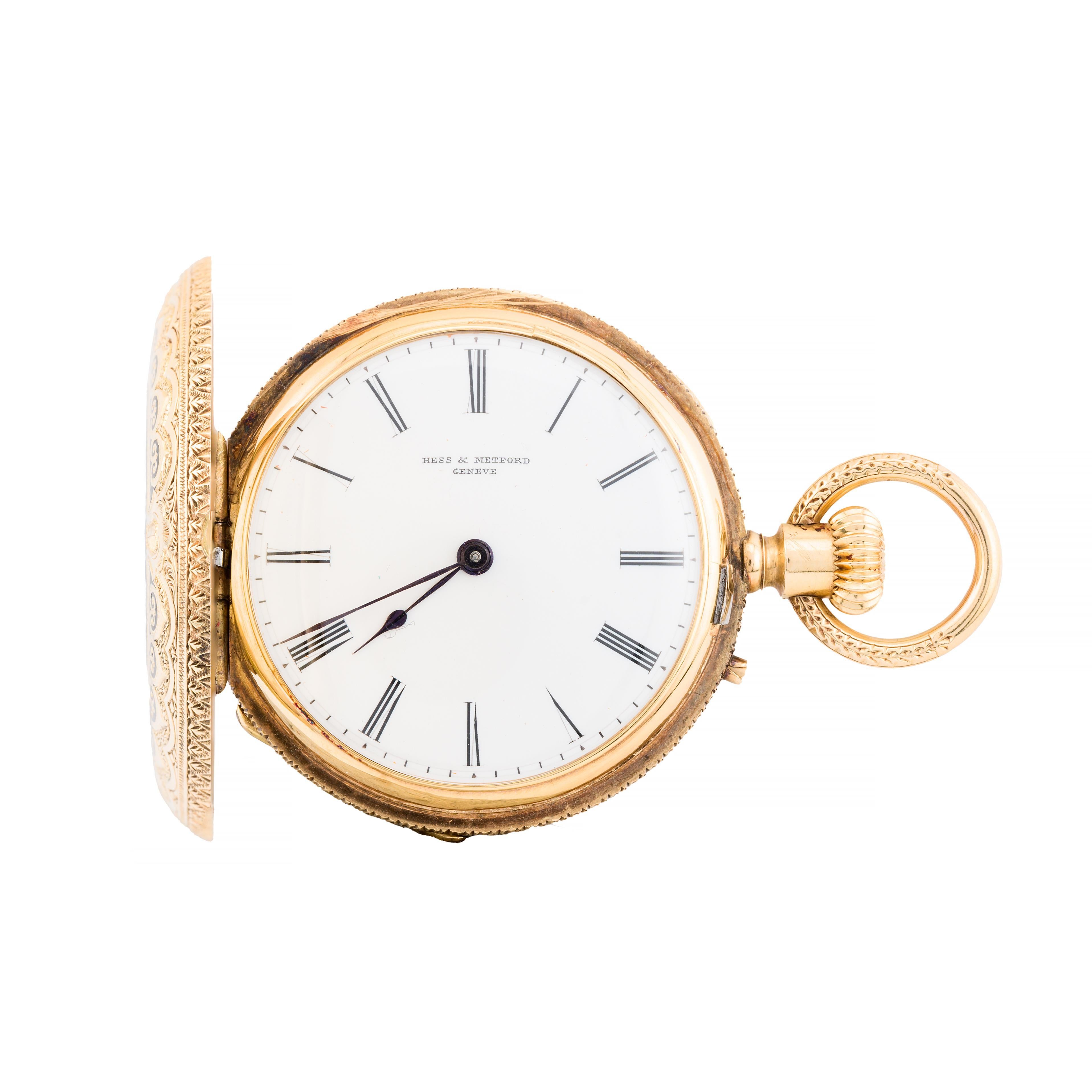 Women's or Men's Exquisite Victorian Enamel Cherub Garden Scene 18 Karat Gold Swiss Pocket Watch For Sale