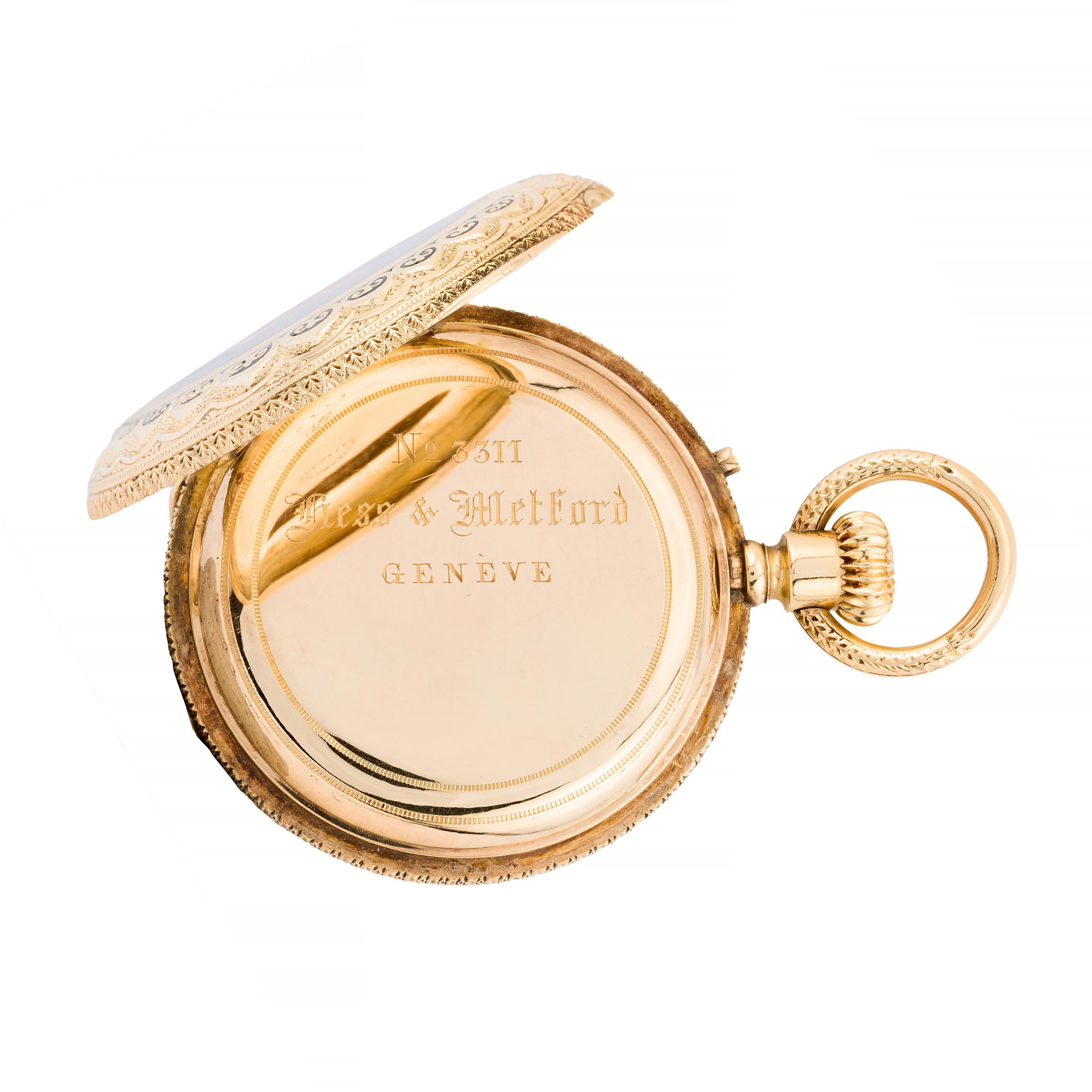 Exquisite Victorian Enamel Cherub Garden Scene 18 Karat Gold Swiss Pocket Watch For Sale 3