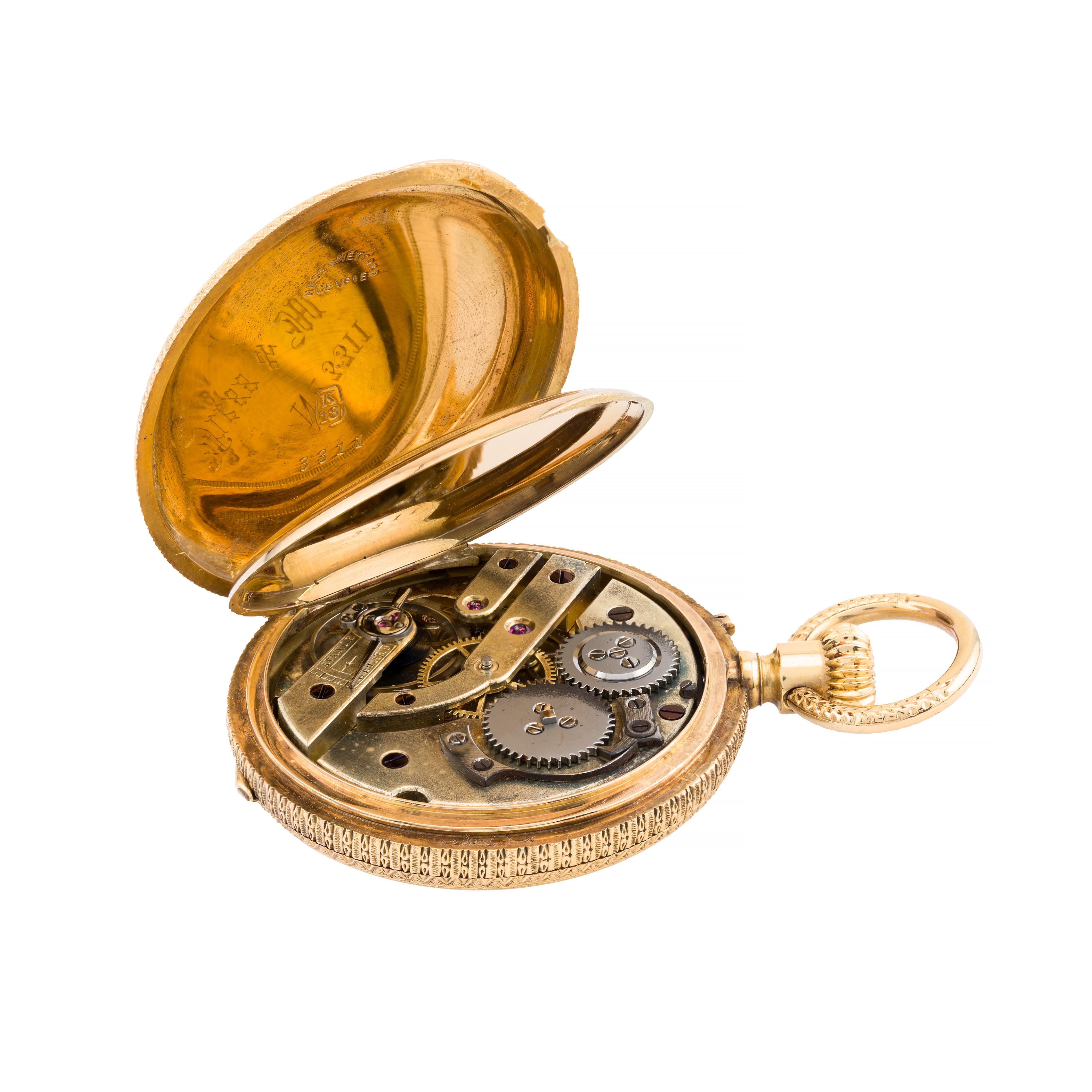 Exquisite Victorian Enamel Cherub Garden Scene 18 Karat Gold Swiss Pocket Watch For Sale 5