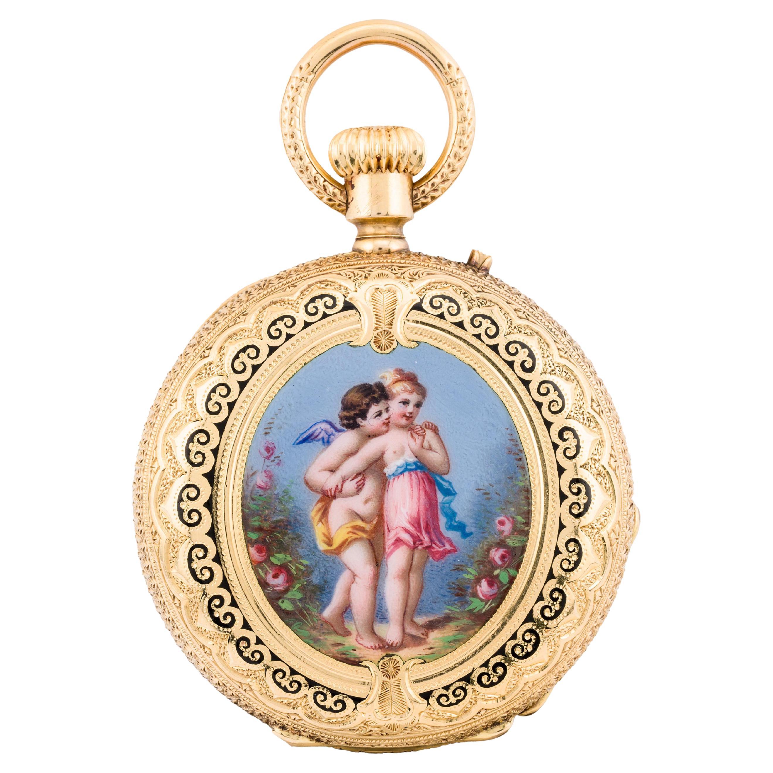 Exquisite Victorian Enamel Cherub Garden Scene 18 Karat Gold Swiss Pocket Watch For Sale